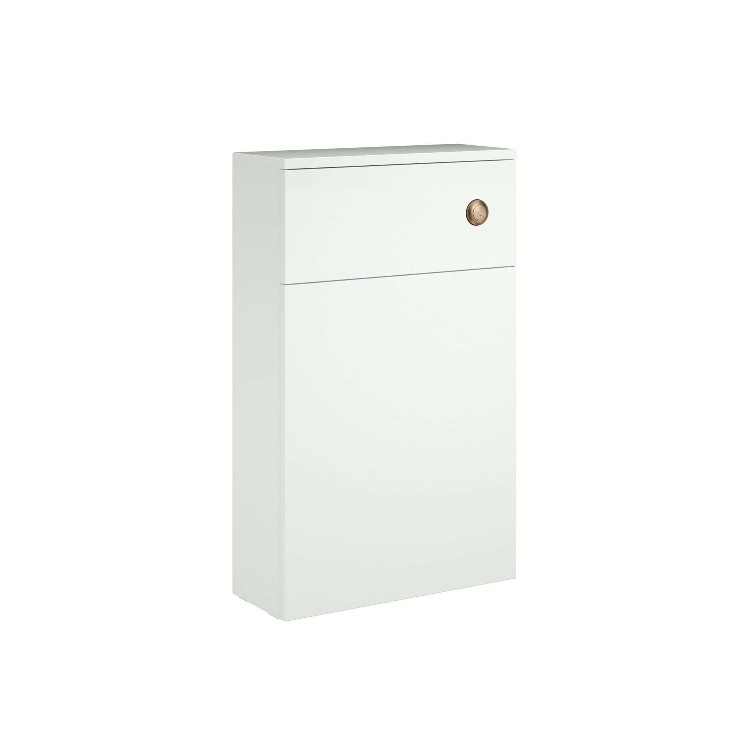 White bathroom cabinet with a copper round handle, modern storage solution for bathroom essentials.