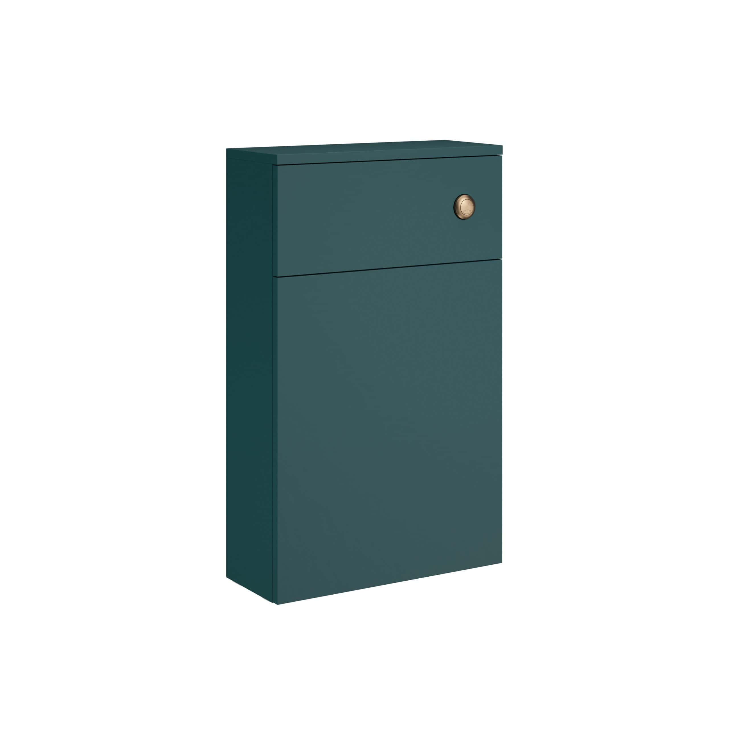 Sleek teal bathroom cabinet with a modern design, single drawer with a round metallic handle, ideal for stylish bathroom storage solutions.