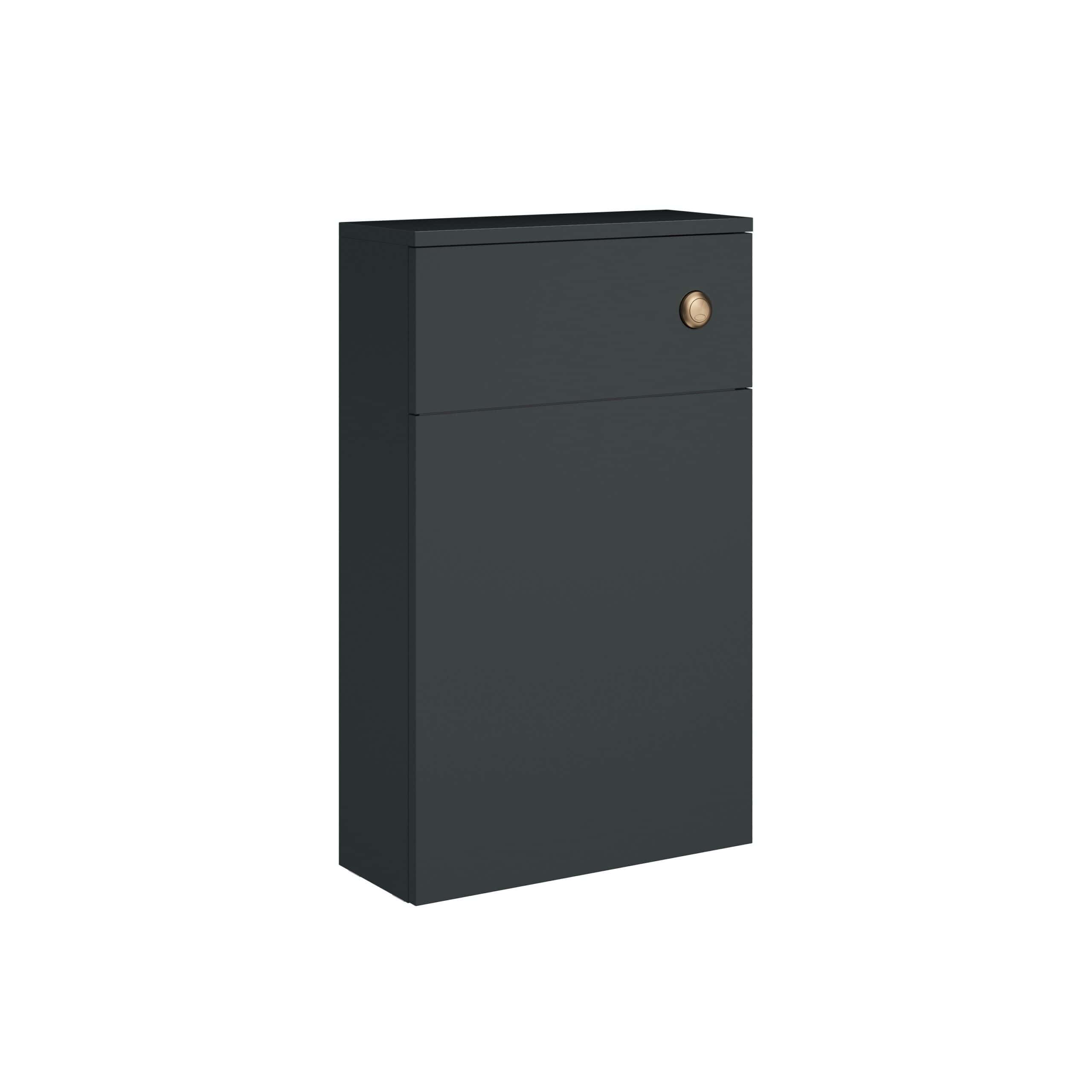 Sleek dark grey bathroom cabinet with a modern gold round handle, ideal for bathroom storage and organisation, perfect for contemporary bathroom décors.