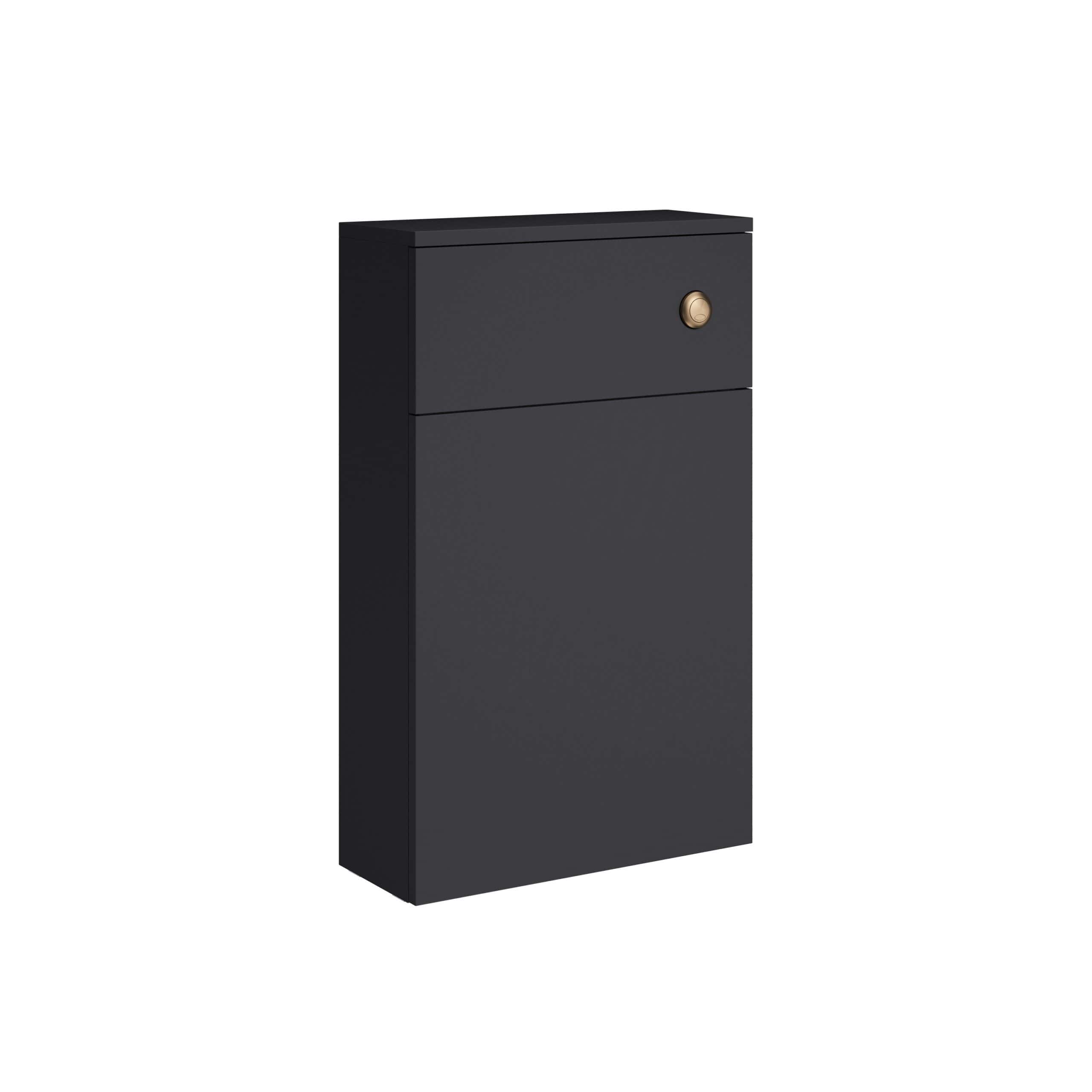 Black bathroom storage cabinet with modern design and brass handle, perfect for organising toiletries and bathroom essentials. Durable, sleek, and ideal for contemporary bathrooms.