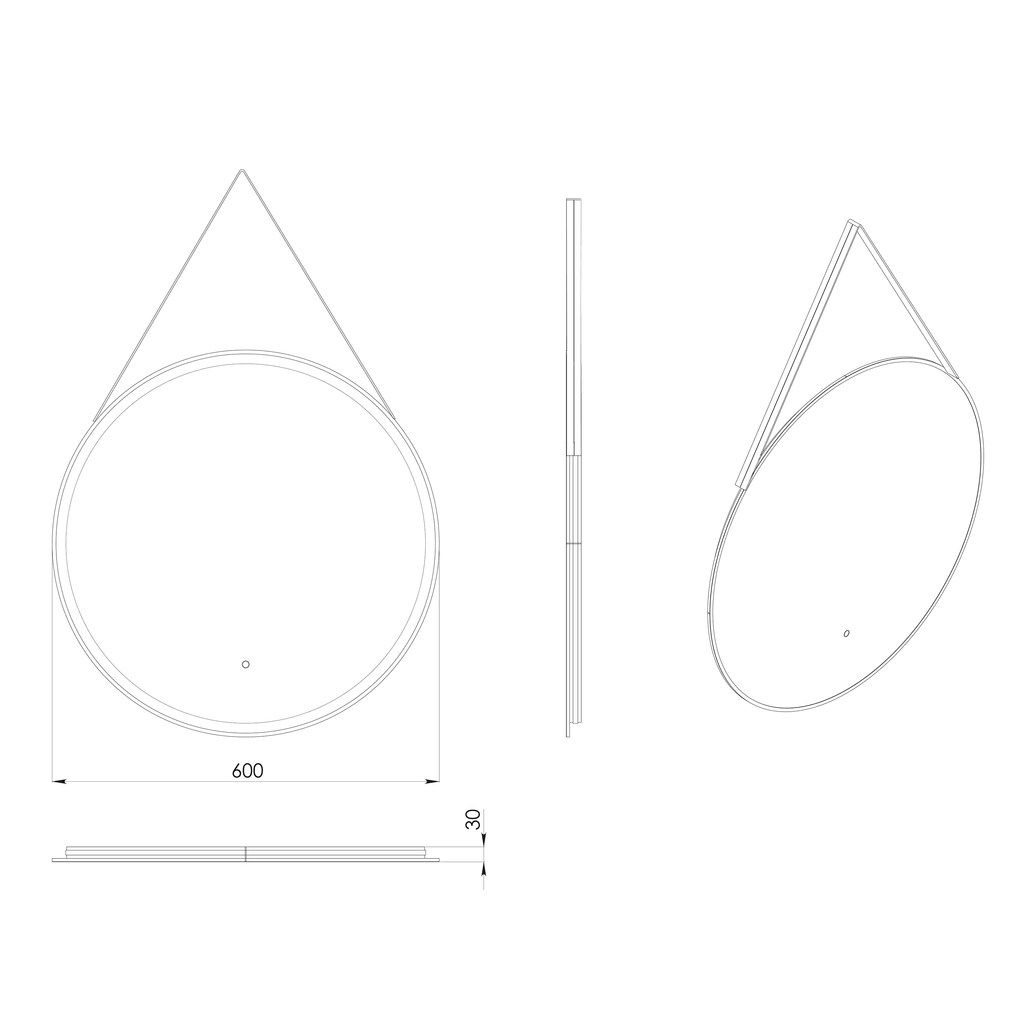 Sleek modern round bathroom mirror with corner support frame, 600mm diameter, ideal for contemporary bathroom decor, with precise technical specifications for installation.