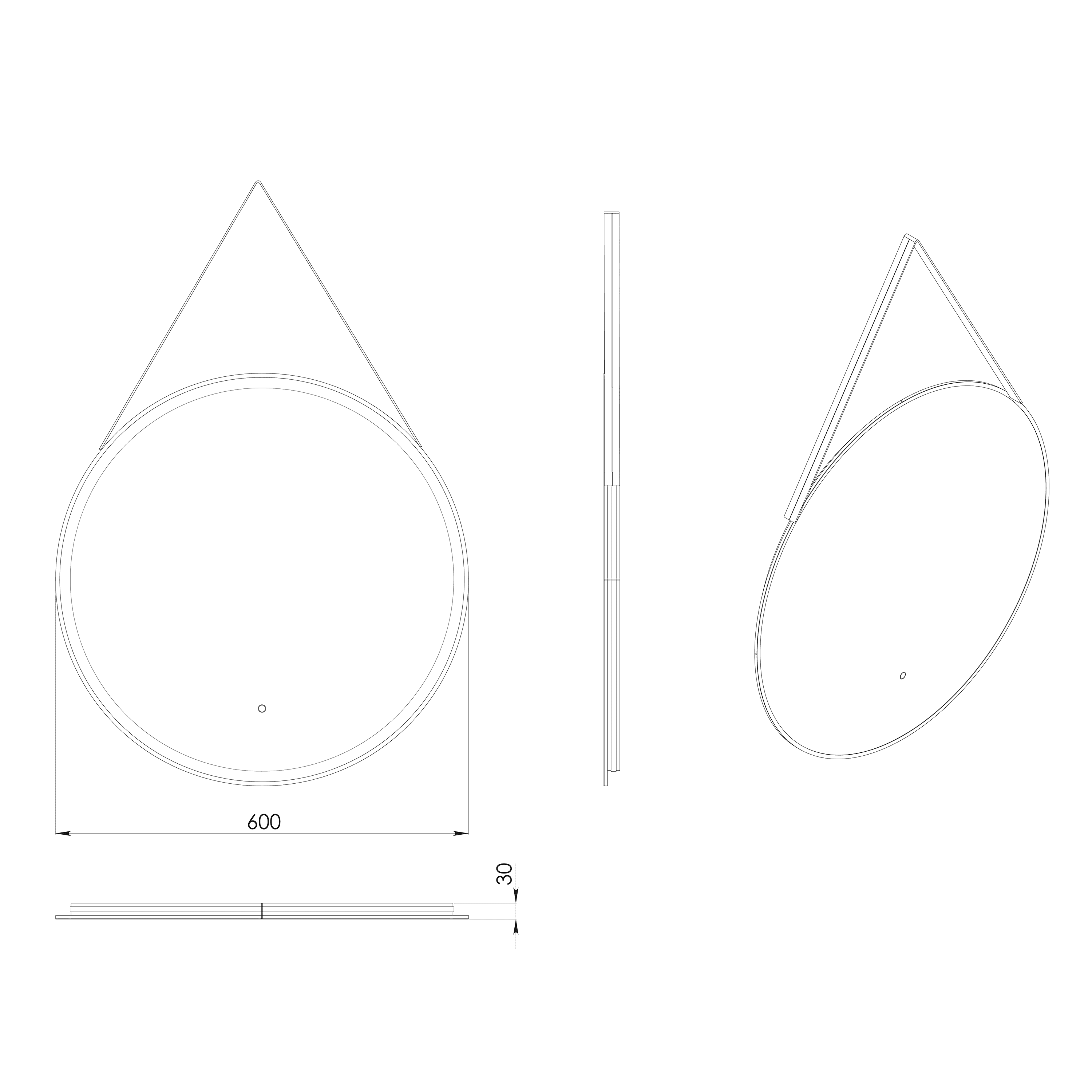 Sleek modern round bathroom mirror with corner support frame, 600mm diameter, ideal for contemporary bathroom decor, with precise technical specifications for installation.