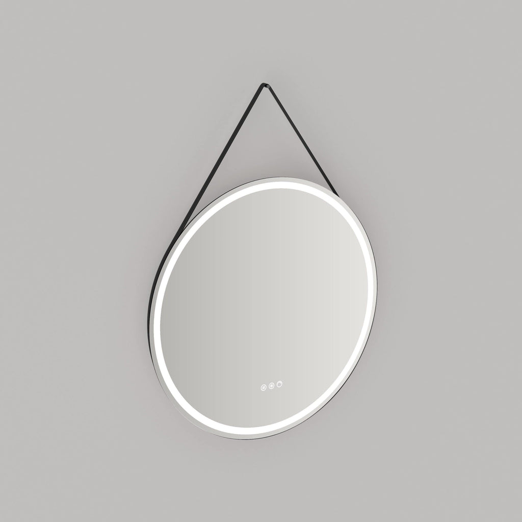 Elegant round bathroom mirror with LED lighting and sleek black hanging strap, ideal for modern bathrooms and vanity areas.