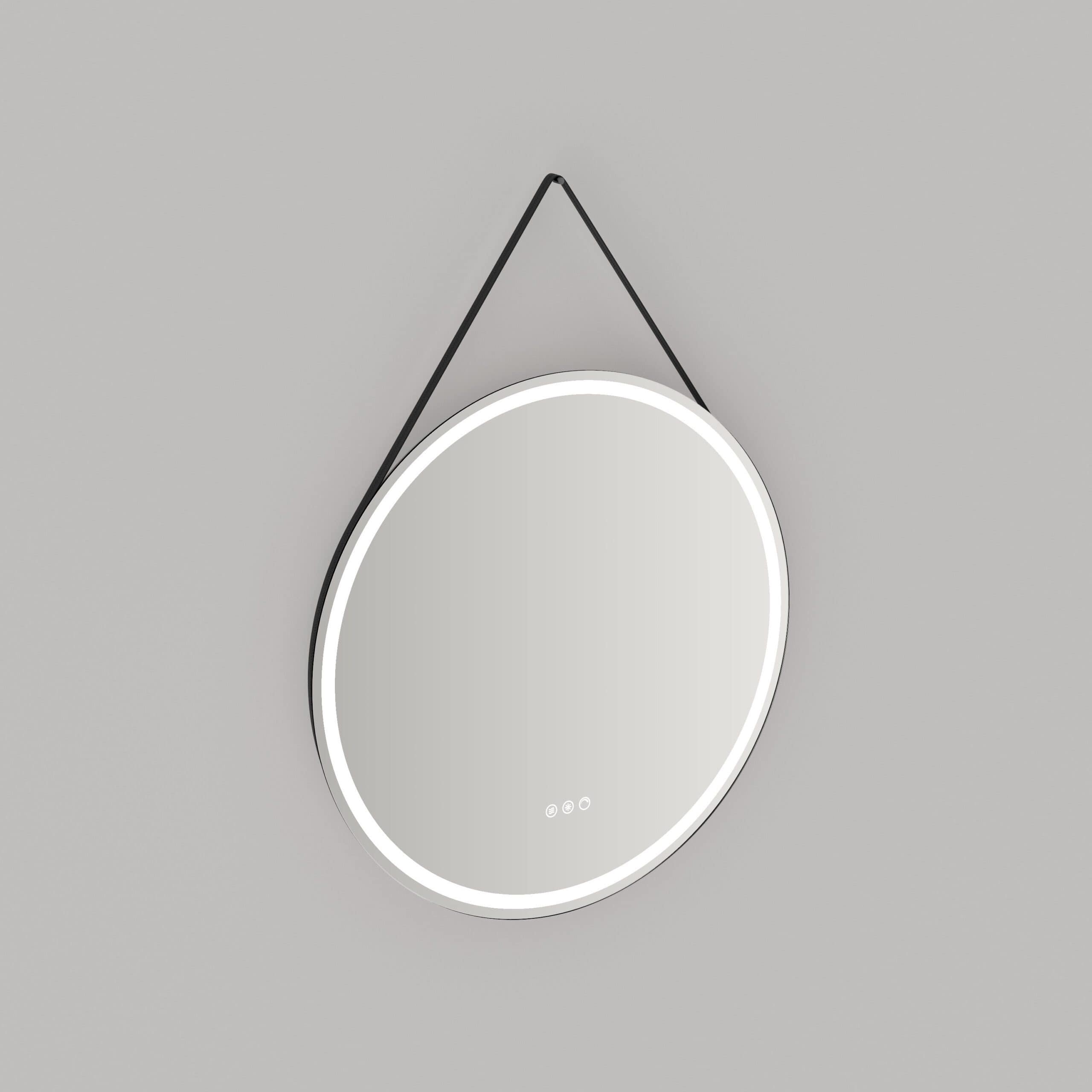 Elegant round bathroom mirror with LED lighting and sleek black hanging strap, ideal for modern bathrooms and vanity areas.