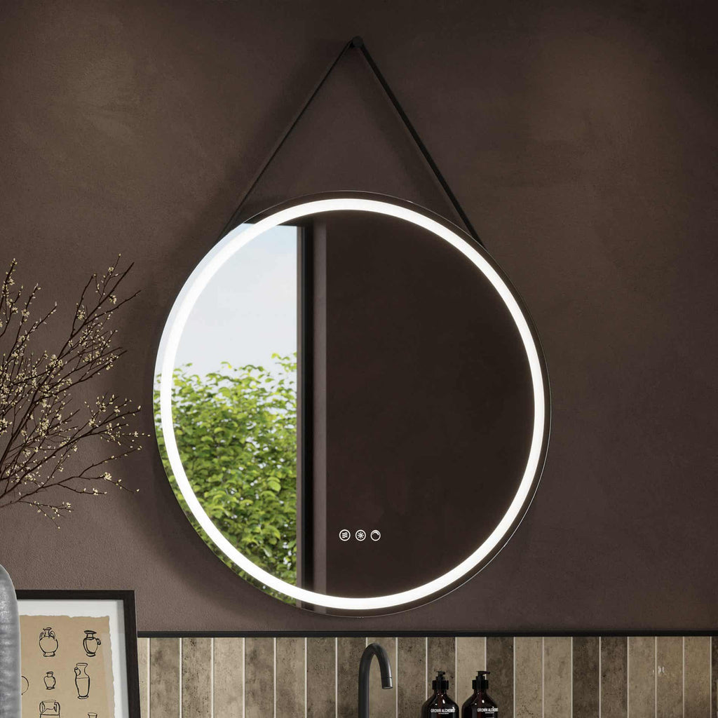 Circular LED bathroom mirror with built-in lighting and sensor controls, ideal for modern bathroom decor and grooming routines.
