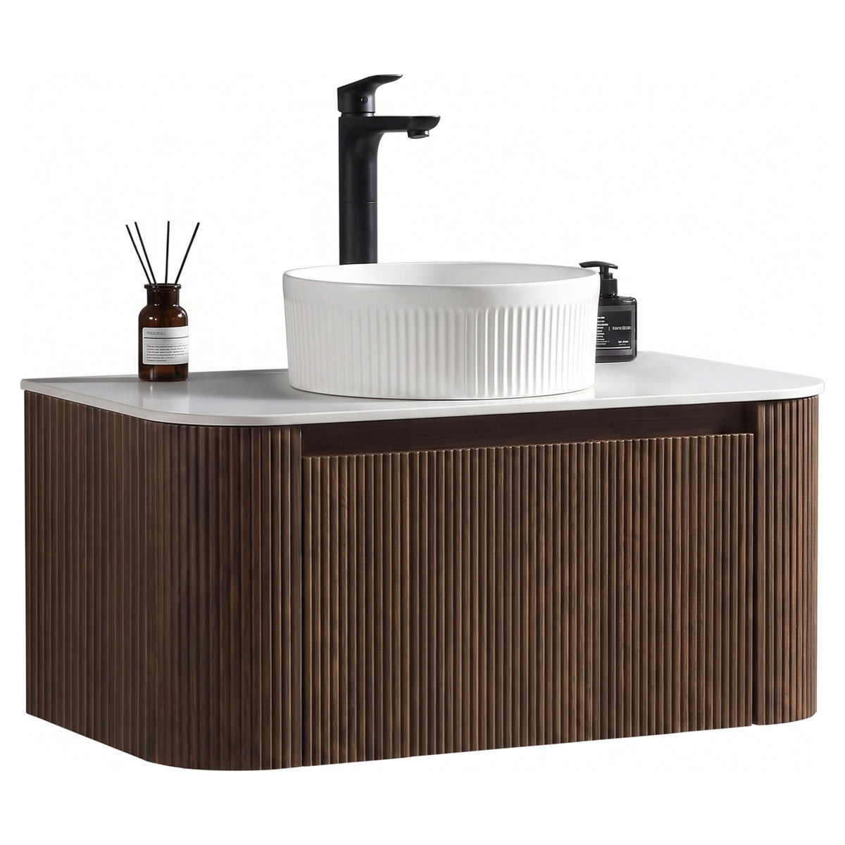 Tailored Flauto 870mm Wall Hung Curve Corner Vanity with Sintered Stone Counter Top, Espresso Oak - view 1