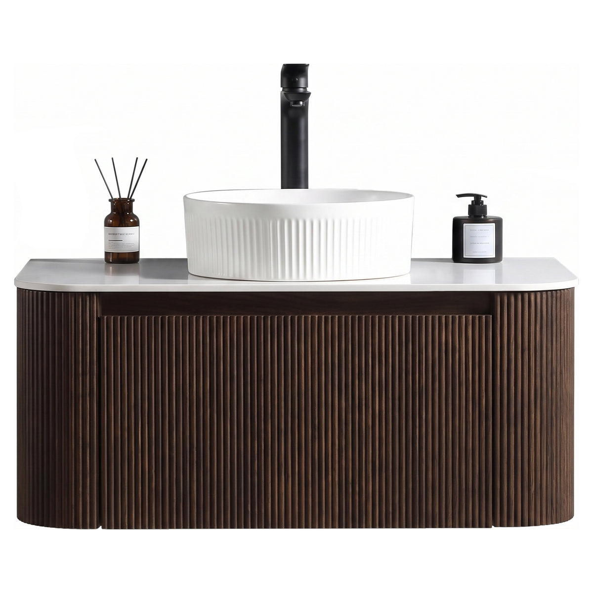 Tailored Flauto 870mm Wall Hung Curve Corner Vanity with Sintered Stone Counter Top, Espresso Oak - view 2