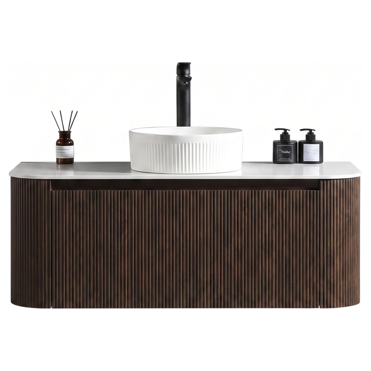 Tailored Flauto 1070mm Wall Hung Curve Corner Vanity with Sintered Stone Counter Top, Espresso Oak - view 2