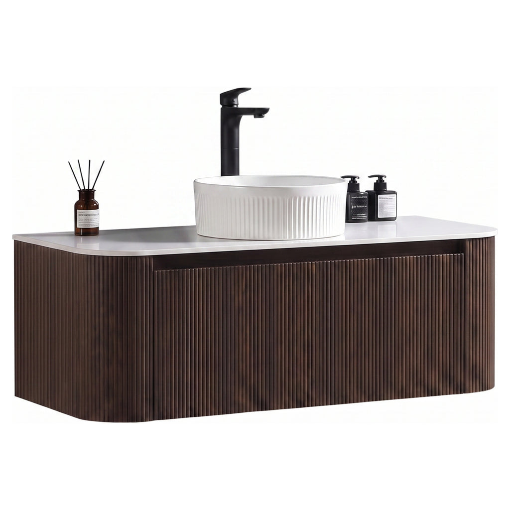 Tailored Flauto 1070mm Wall Hung Curve Corner Vanity with Sintered Stone Counter Top, Espresso Oak - view 4
