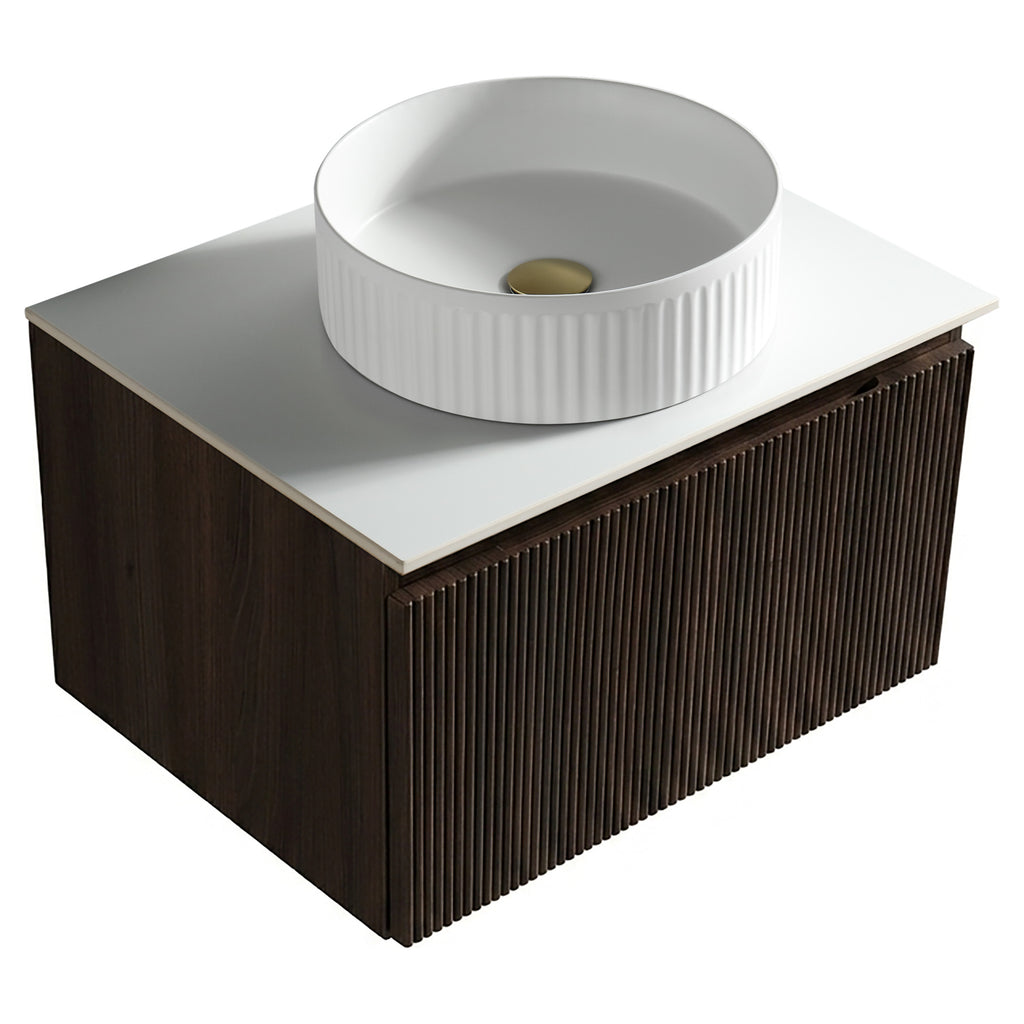 Tailored Flauto 600mm Wall Hung Vanity with Sintered Stone Counter Top, Espresso Oak
