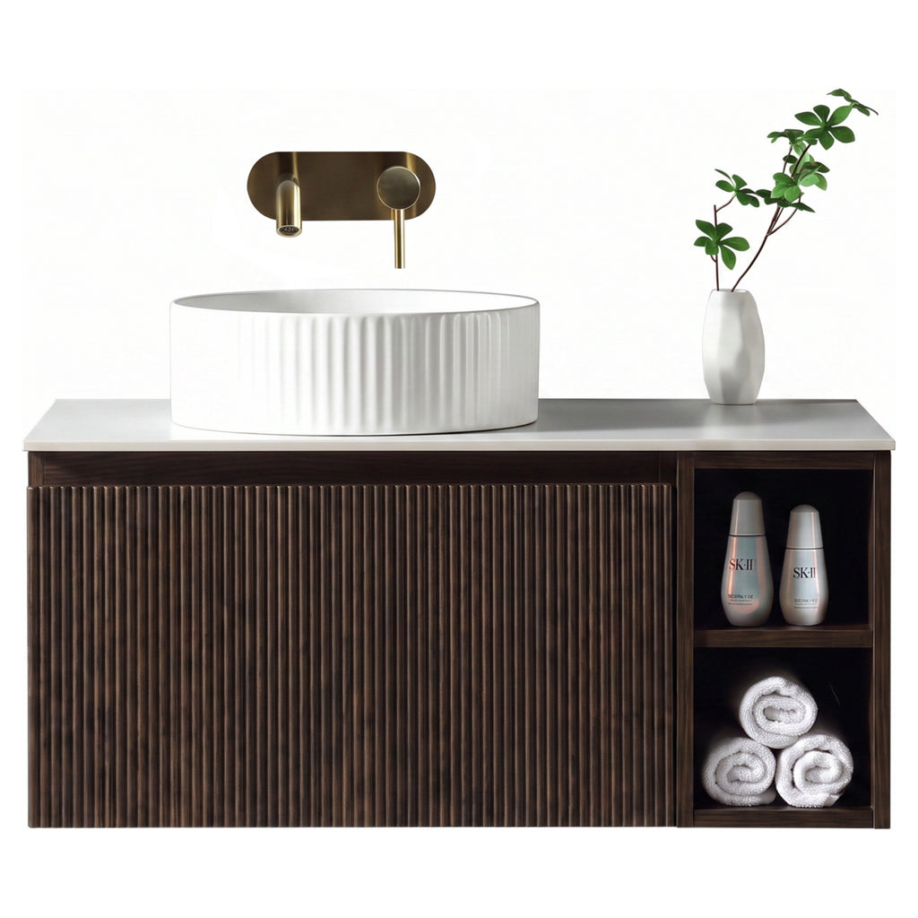 Tailored Flauto 800mm Wall Hung Vanity with Side Storage & Left Hand Sintered Stone Counter Top - Espresso Oak - view 1