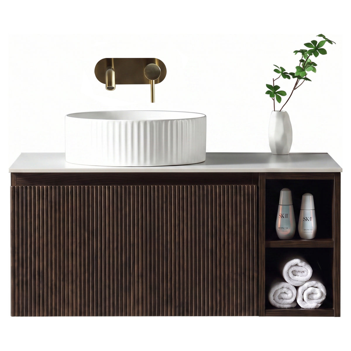 Tailored Flauto 800mm Wall Hung Vanity with Side Storage & Left Hand Sintered Stone Counter Top - Espresso Oak - view 1
