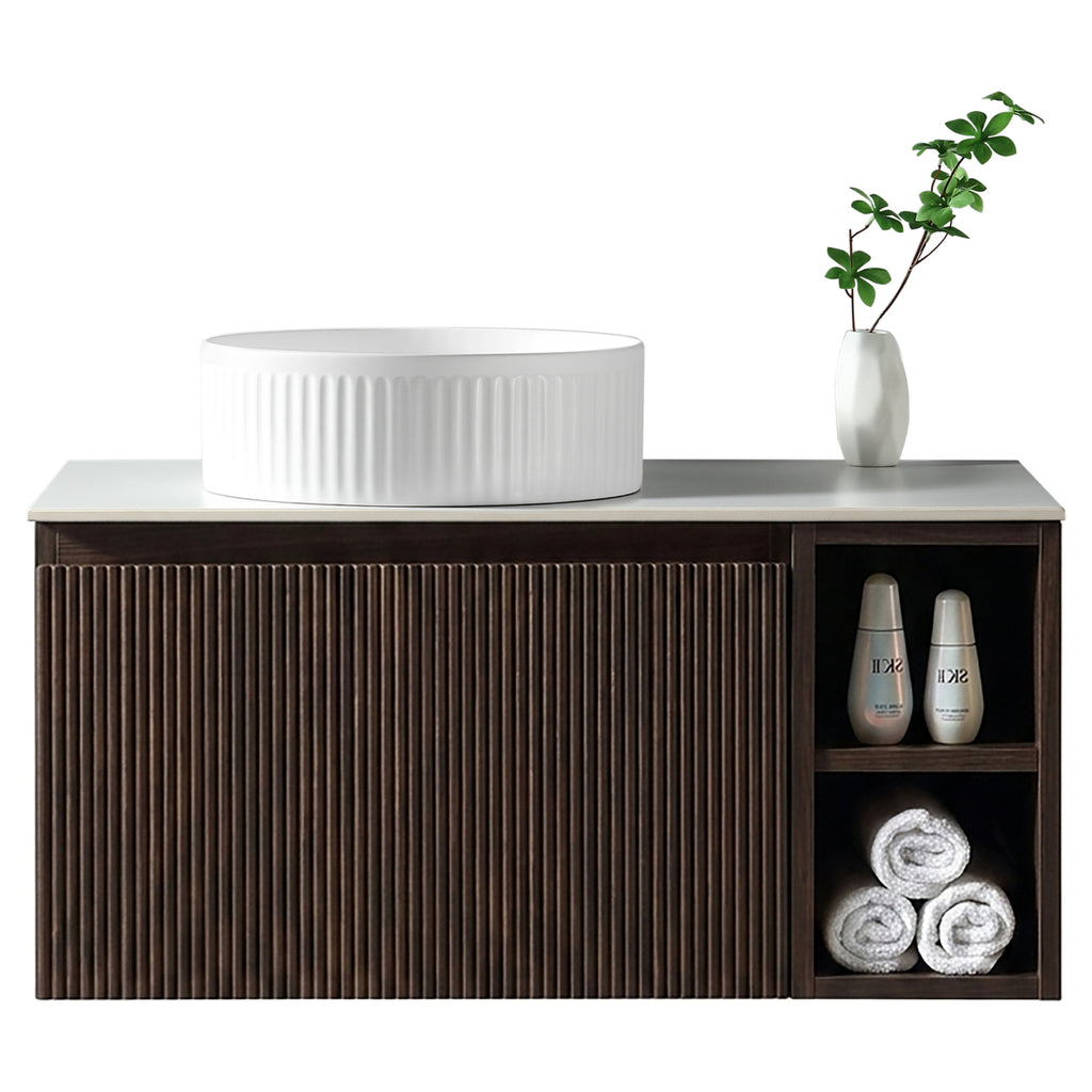 Tailored Flauto 800mm Wall Hung Vanity with Side Storage & Left Hand Sintered Stone Counter Top - Espresso Oak