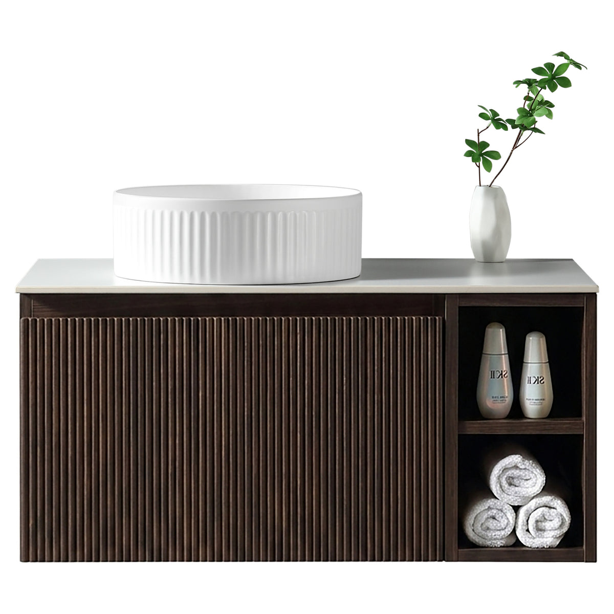 Tailored Flauto 800mm Wall Hung Vanity with Side Storage & Left Hand Sintered Stone Counter Top - Espresso Oak
