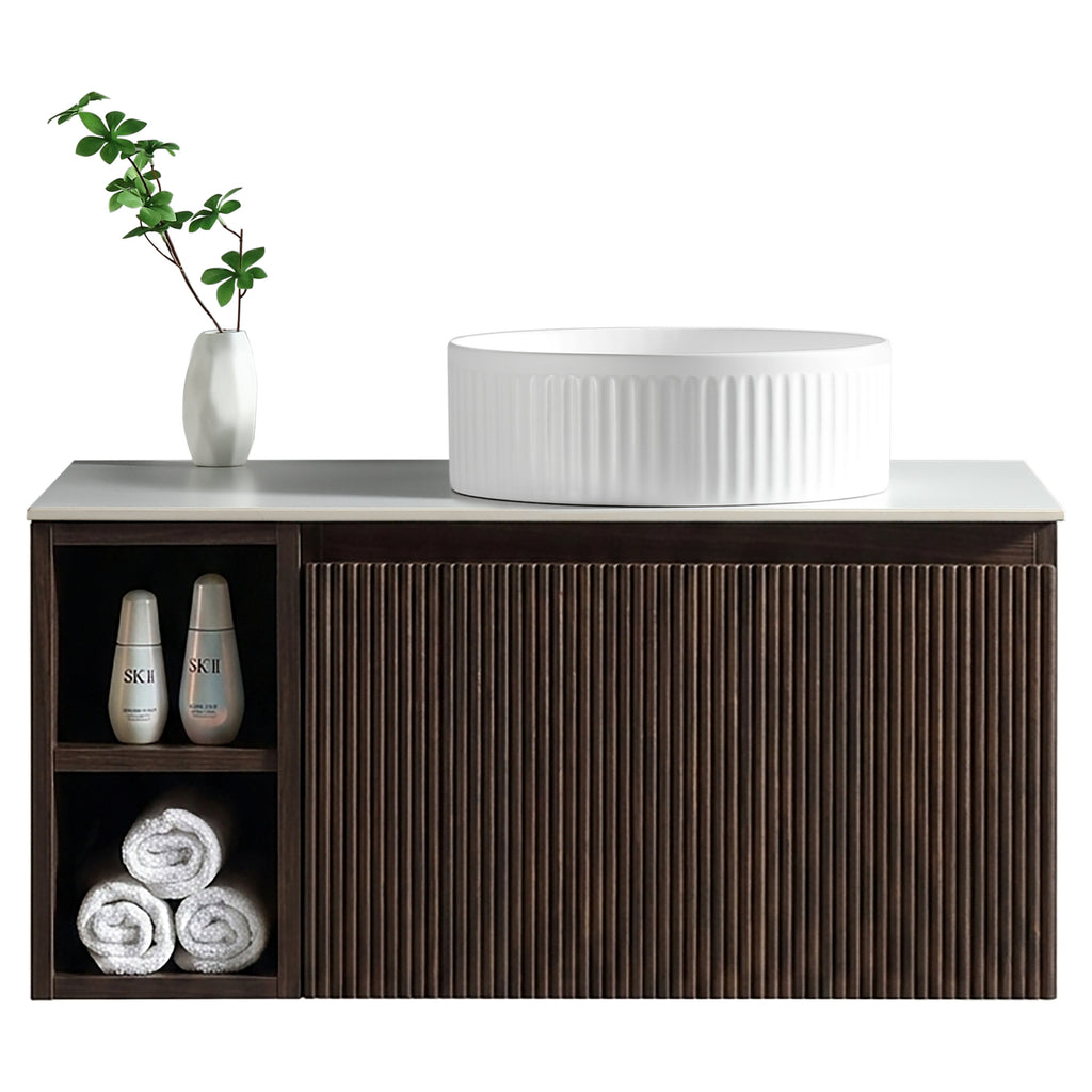 Tailored Flauto 800mm Wall Hung Vanity with Side Storage & Right Hand Sintered Stone Counter Top - Espresso Oak