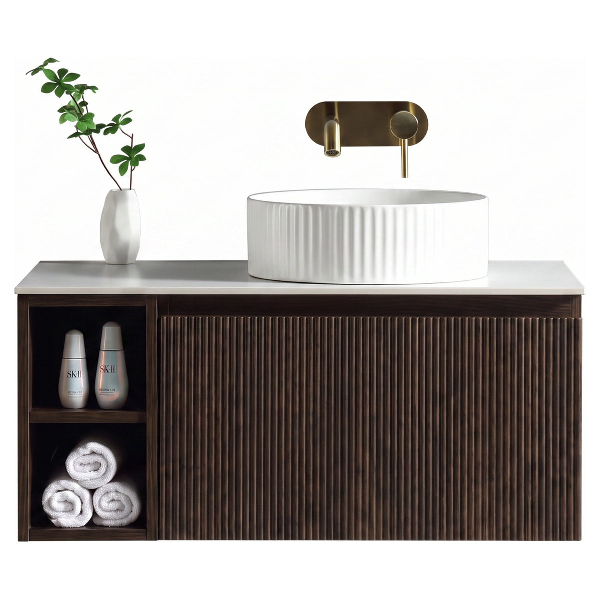 Tailored Flauto 800mm Wall Hung Vanity with Side Storage & Right Hand Sintered Stone Counter Top - Espresso Oak - view 1