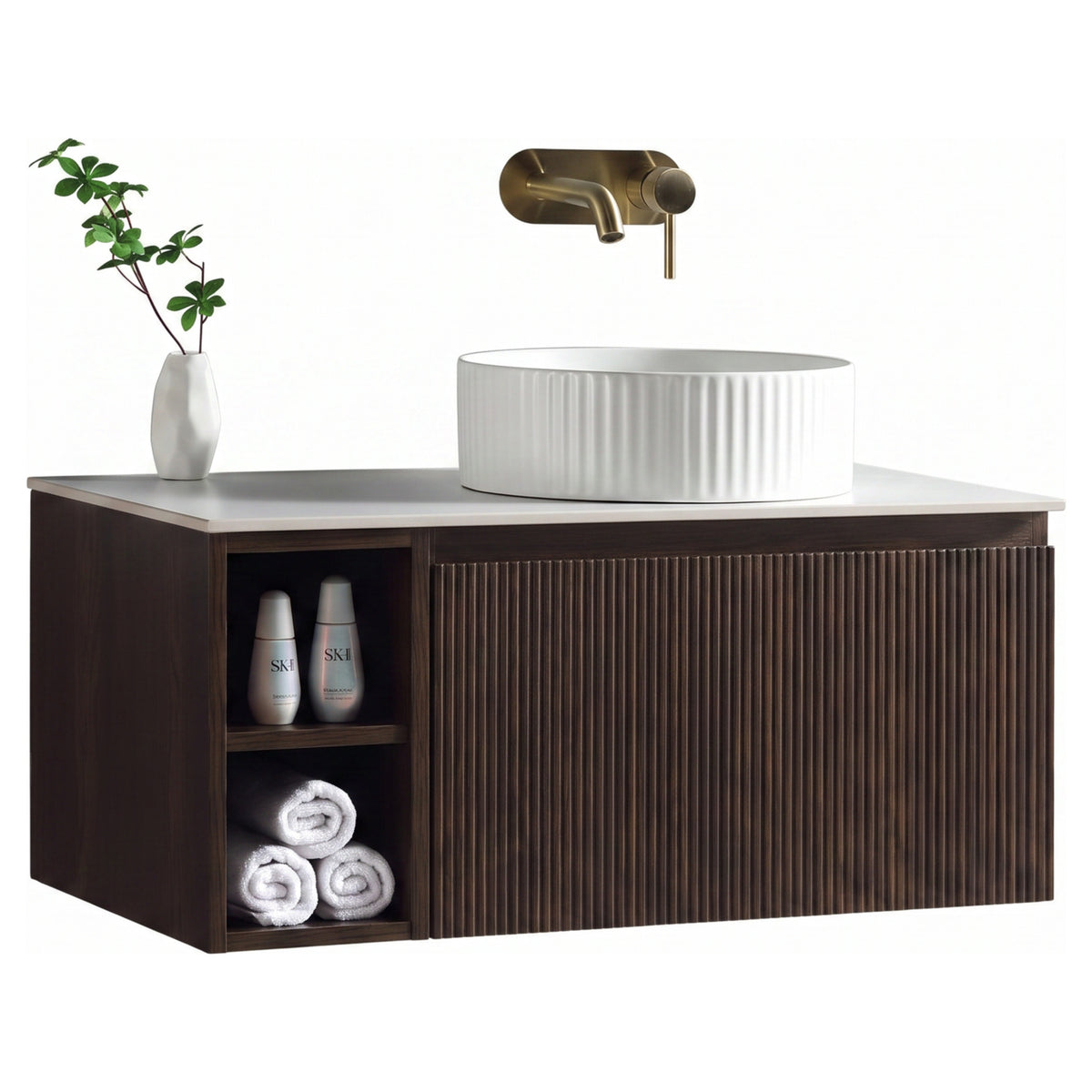 Tailored Flauto 800mm Wall Hung Vanity with Side Storage & Right Hand Sintered Stone Counter Top - Espresso Oak - view 2