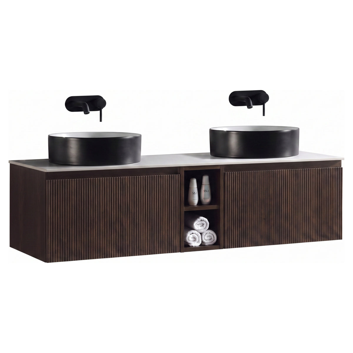Tailored Flauto 1400mm Wall Hung Double Vanity with Side Storage Sintered Stone Counter Top - Espresso Oak - view 1