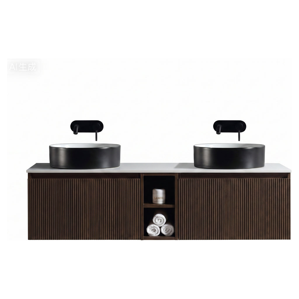 Tailored Flauto 1400mm Wall Hung Double Vanity with Side Storage Sintered Stone Counter Top - Espresso Oak - view 2