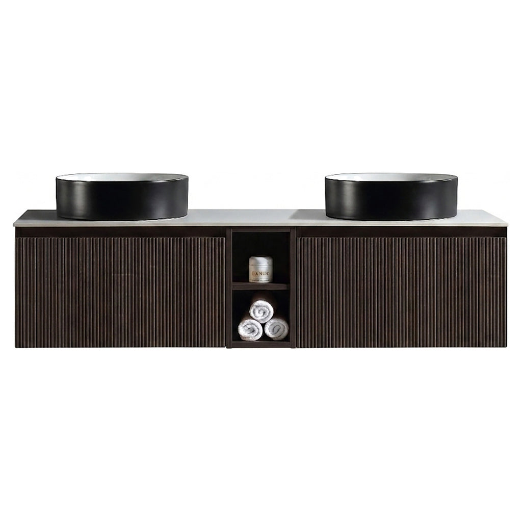Tailored Flauto 1400mm Wall Hung Double Vanity with Side Storage Sintered Stone Counter Top - Espresso Oak