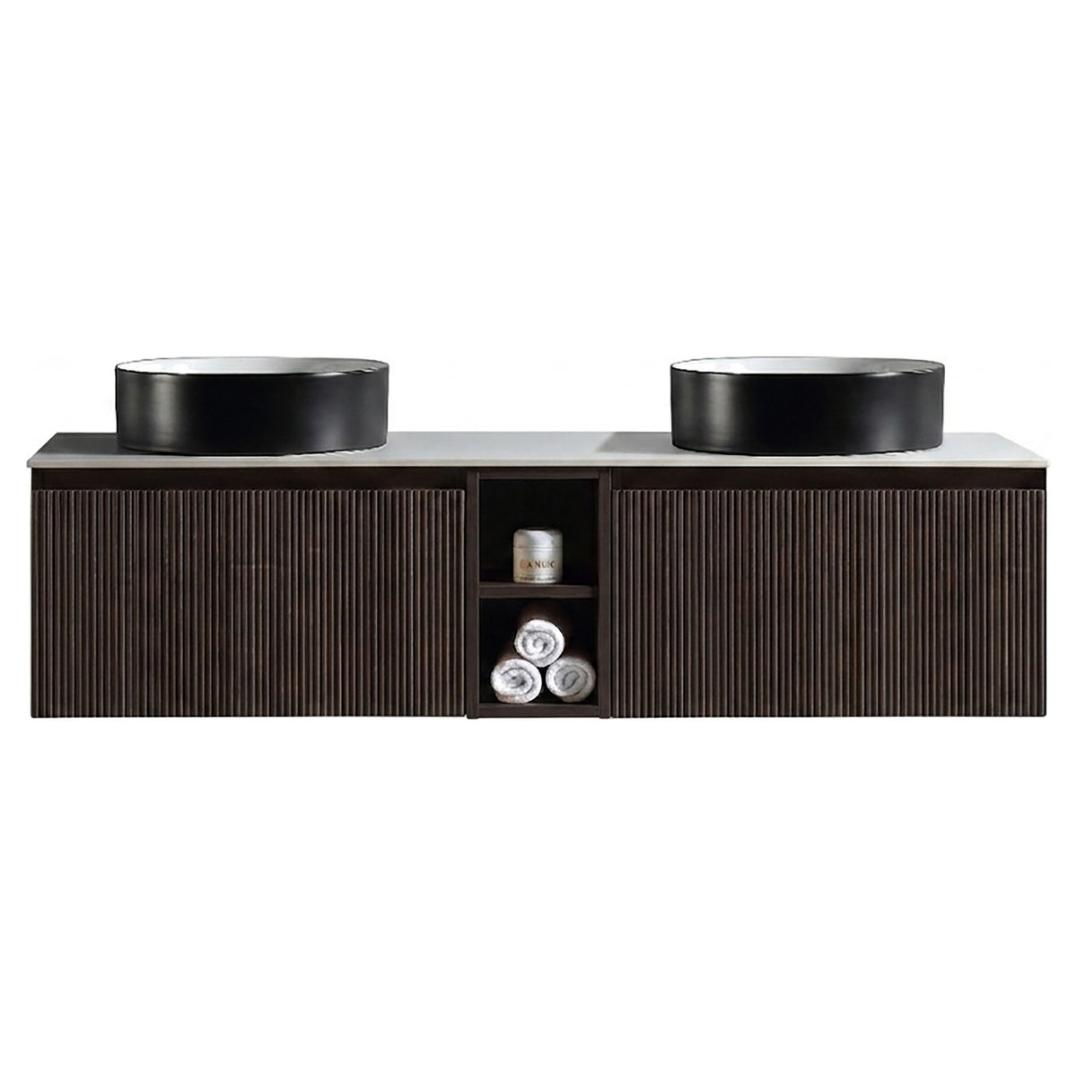 Tailored Flauto 1400mm Wall Hung Double Vanity with Side Storage Sintered Stone Counter Top - Espresso Oak