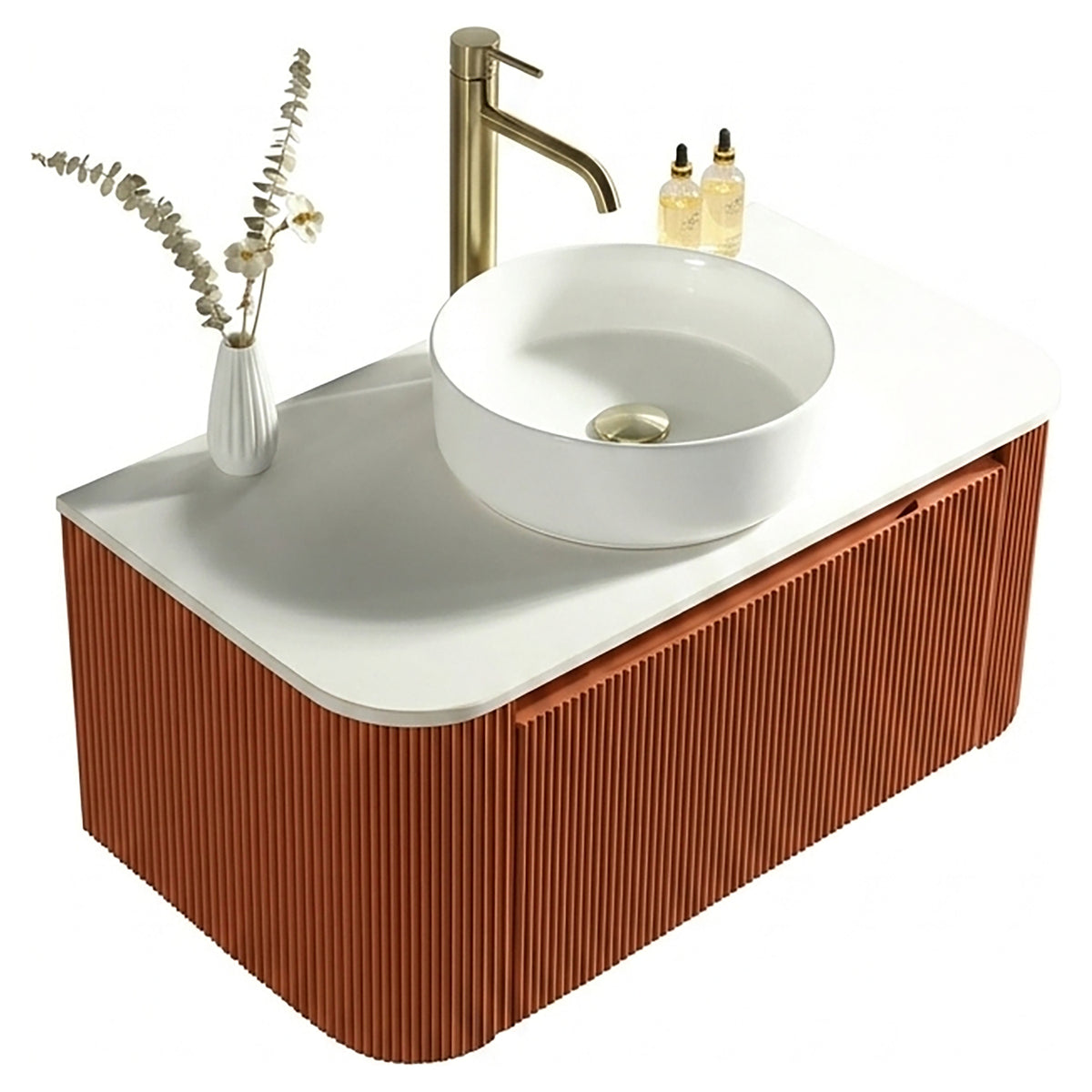 Tailored Flauto 870mm Wall Hung Curve Corner Vanity with Sintered Stone Counter Top, Bruciata Orange