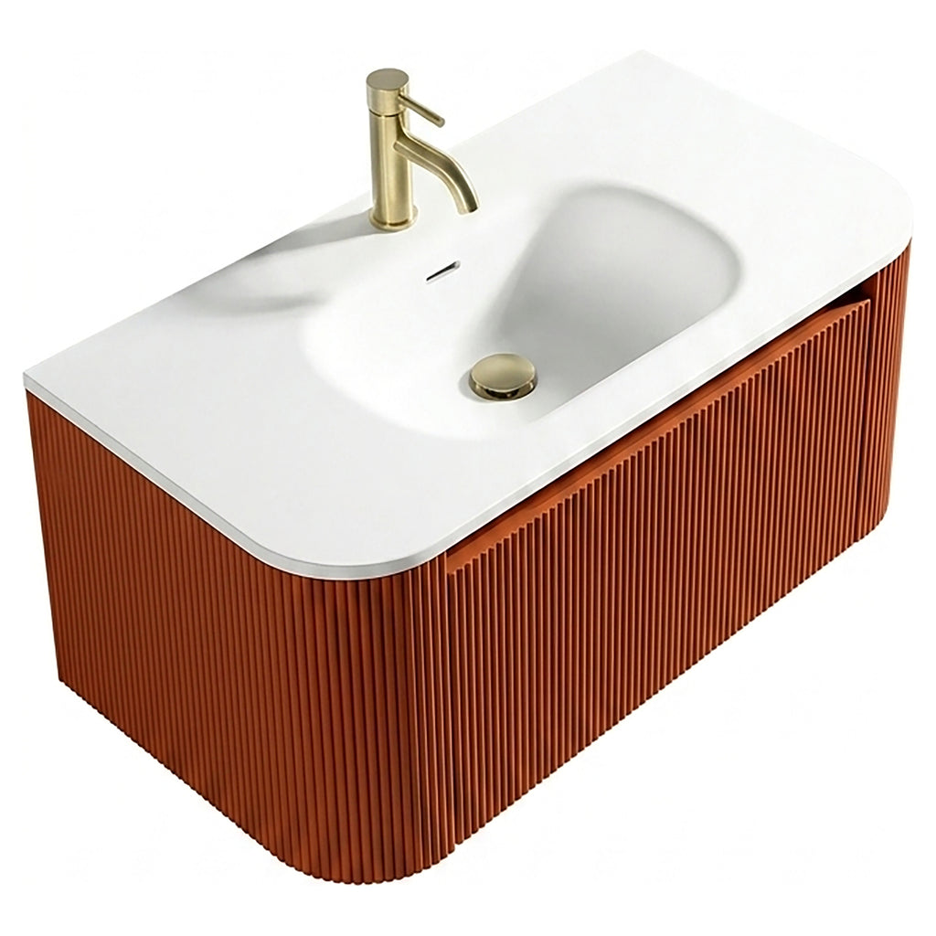 Tailored Flauto 870mm Wall Hung Curve Corner Vanity with Matte Basin, Bruciata Orange