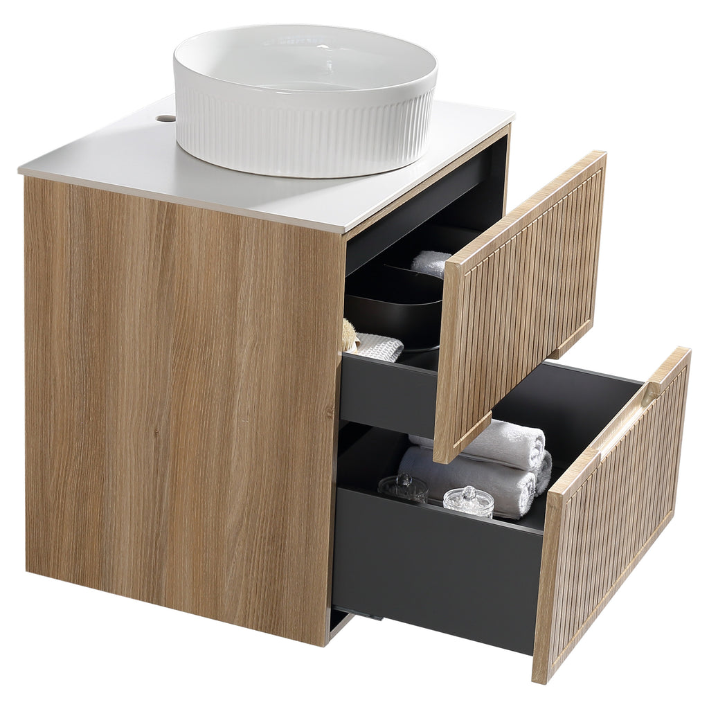 Tailored Bolzana Two Drawer Wall Hung Vanity & Sintered Stone Counter Top 600mm, Country Oak - view 7