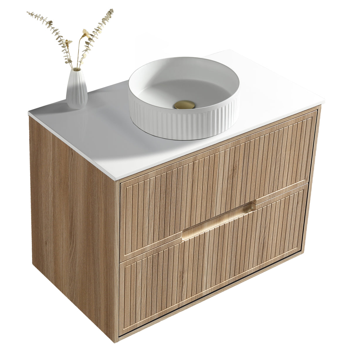 Tailored Bolzana Two Drawer Wall Hung Vanity & Sintered Stone Counter Top 800mm, Country Oak