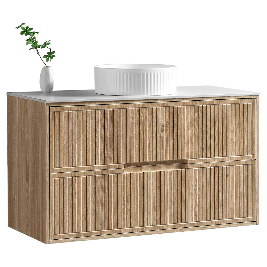Tailored Bolzana Two Drawer Wall Hung Vanity & Sintered Stone Counter Top 1000mm, Country Oak