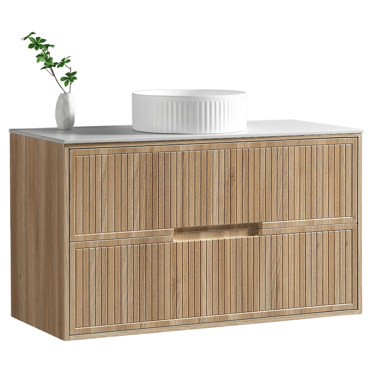 Tailored Bolzana Two Drawer Wall Hung Vanity & Sintered Stone Counter Top 1000mm, Country Oak