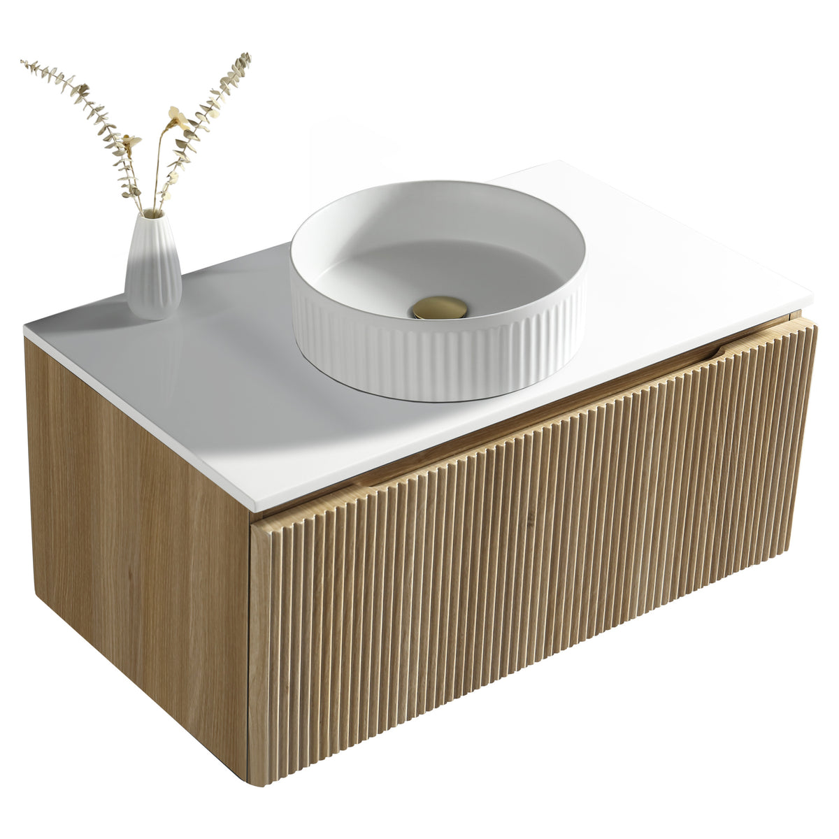 Tailored Flauto 800mm Wall Hung Vanity & Sintered Stone Counter Top, Country Oak