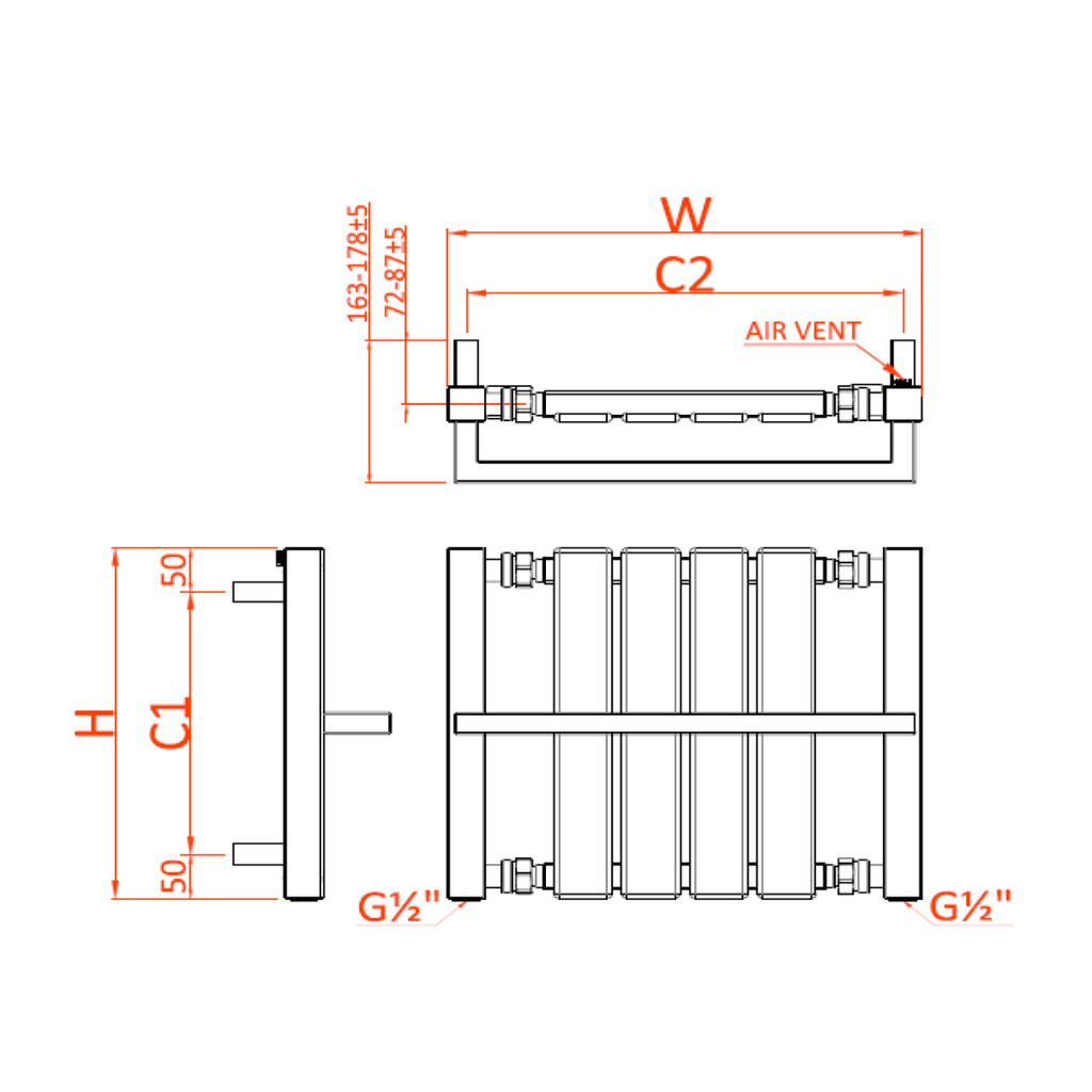 Reina Ashen White Heated Towel Rail - technical drawing with dimensions