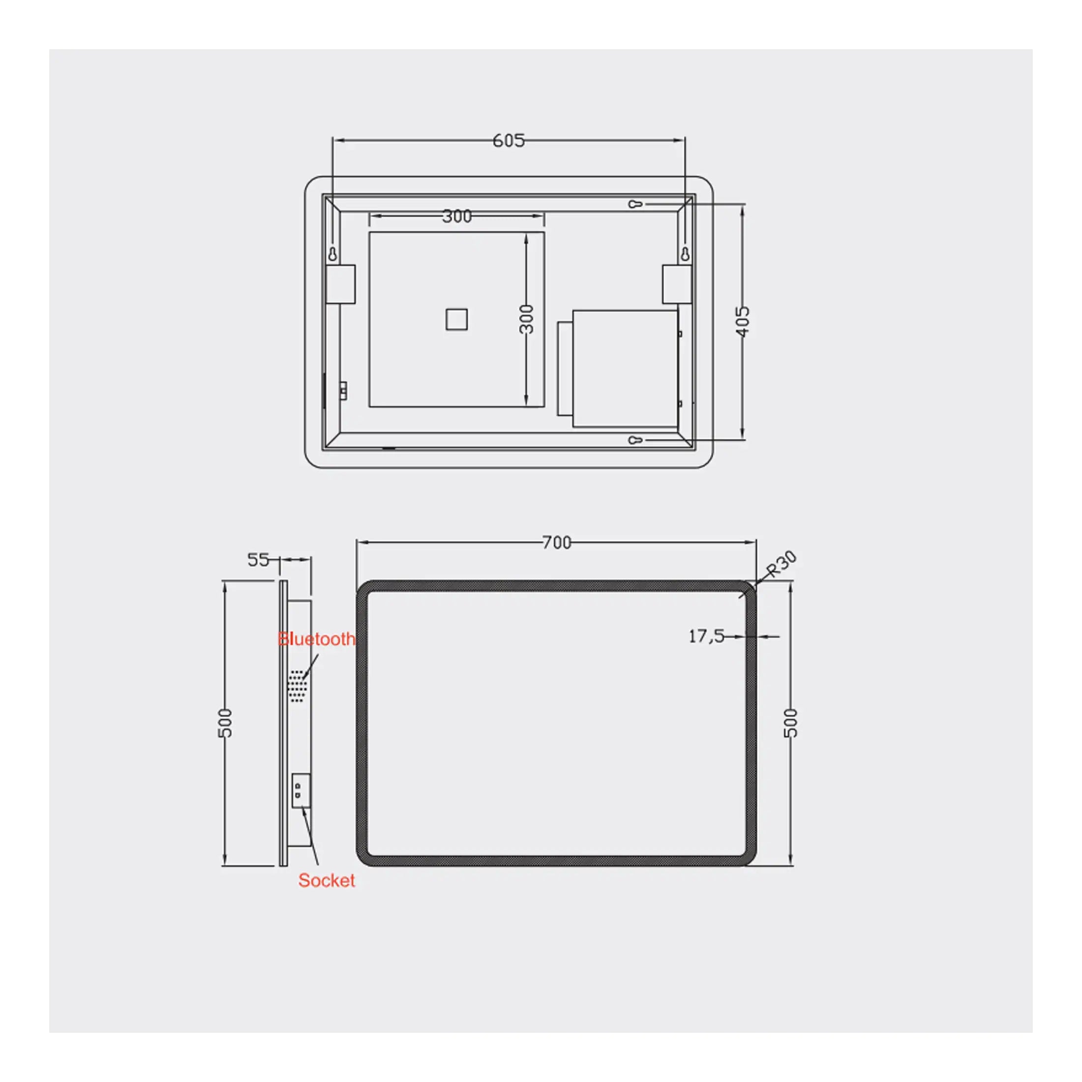 High-tech bathroom digital mirror with Bluetooth speakers and integrated socket, featuring sleek black framing and precise measurements for modern bathroom design.