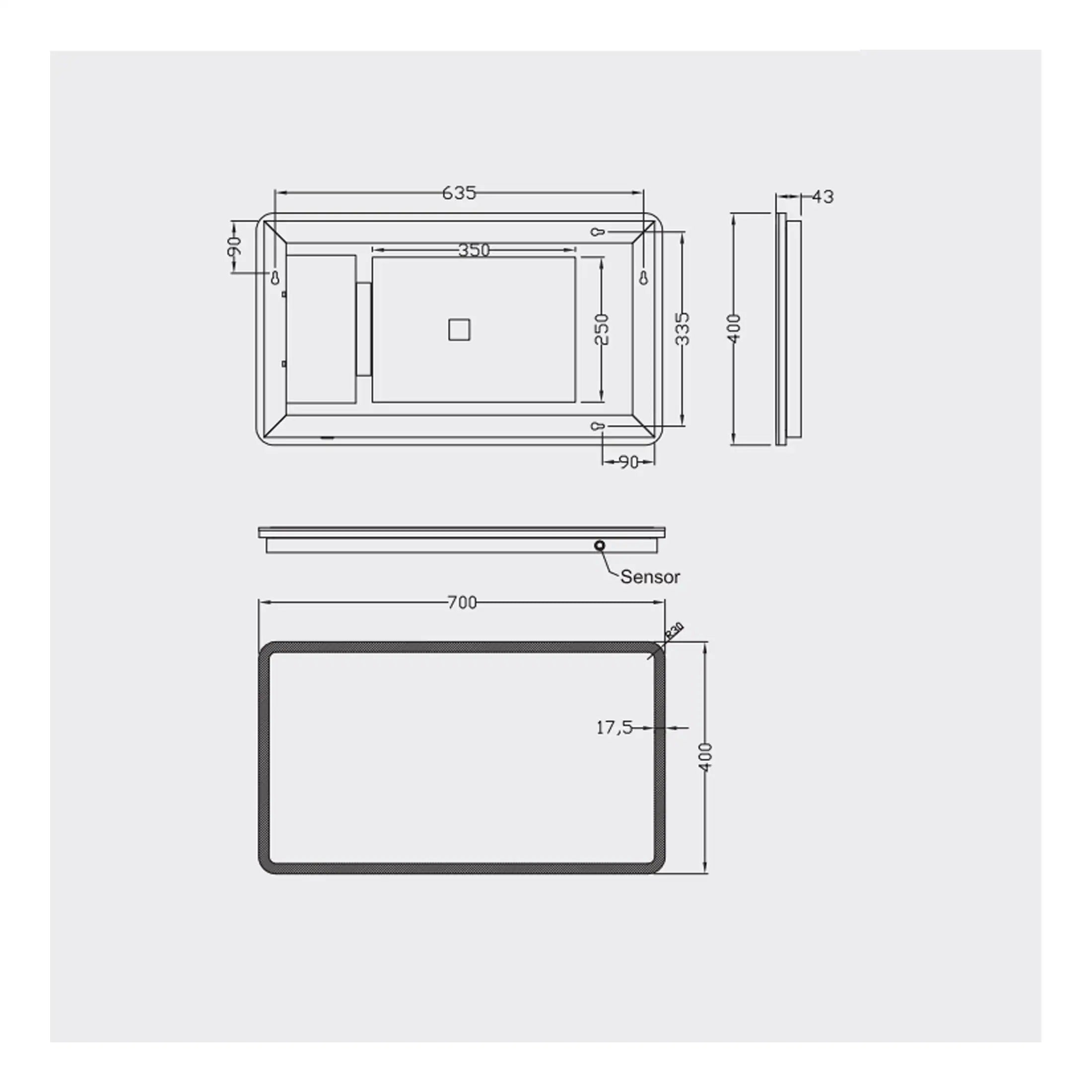 High-resolution technical drawing of a bathroom shower enclosure with detailed measurements and sensor placement, ideal for bathroom renovation and design projects.