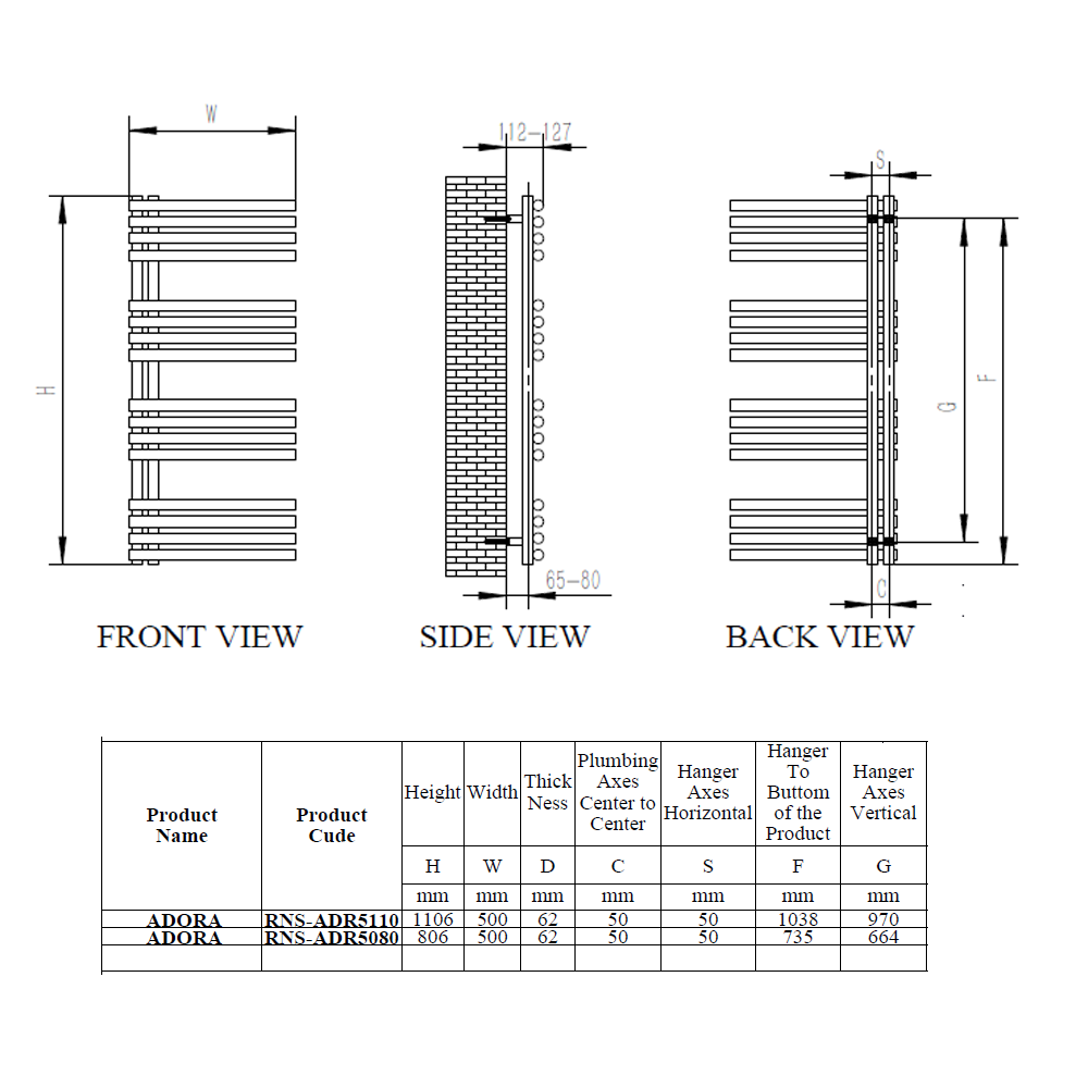 Reina Adora Polished Stainless Steel Heated Towel Rail - technical drawing with dimensions