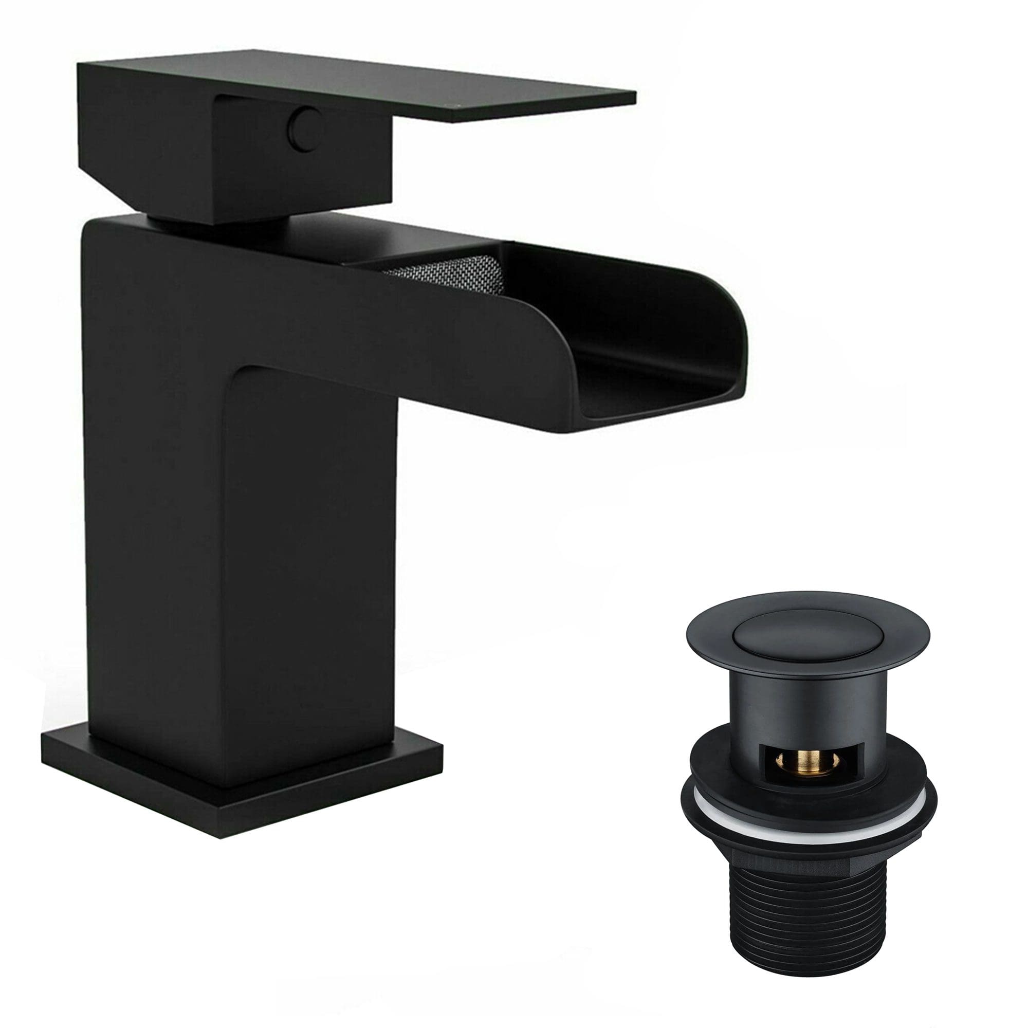 Sleek black modern bathroom faucet with a matching pop-up drain for contemporary bathroom sinks. Designed for style and durability in stylish bathroom renovations.
