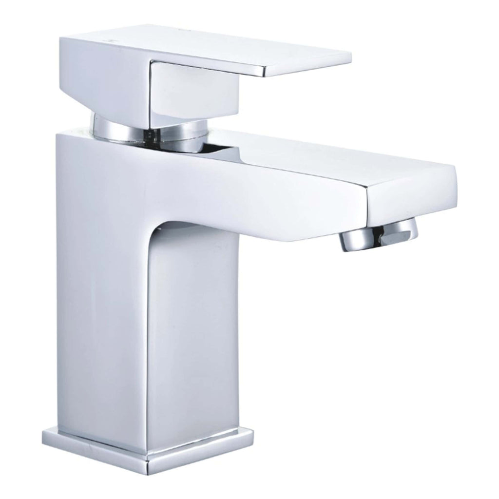 Sleek modern chrome bathroom mixer tap on a white background, ideal for contemporary bathroom design and renovation. Perfect for stylish, functional bathroom fixtures.