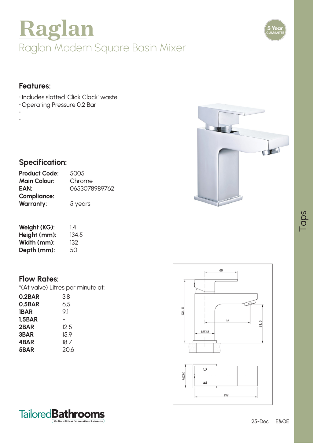 Tailored Raglan Modern Square Basin Mixer Tap - Chrome - specification sheet with technical drawing and dimensions