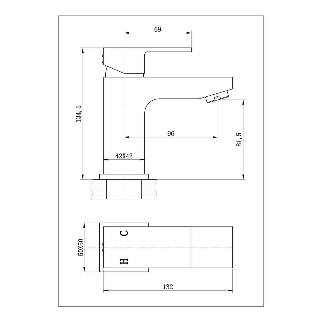 Sleek modern bathroom sink faucet with detailed technical drawing, showing dimensions and installation specifications for design and plumbing projects.