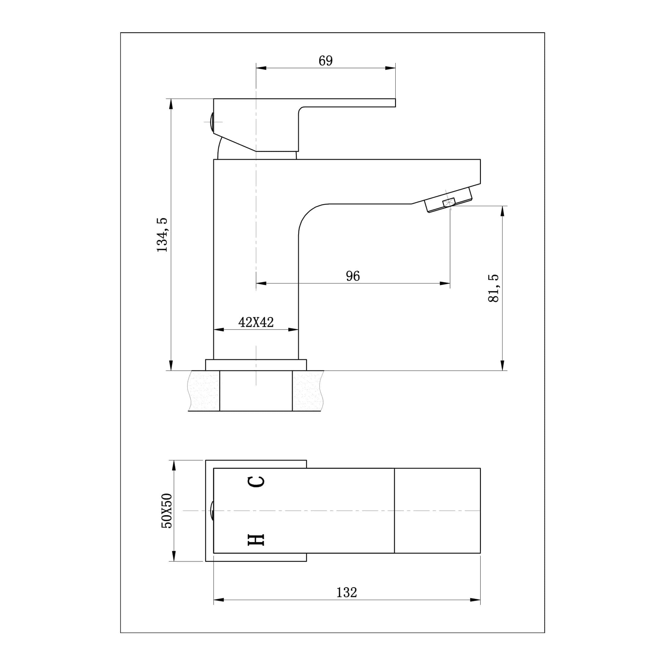 Sleek modern bathroom sink faucet with detailed technical drawing, showing dimensions and installation specifications for design and plumbing projects.