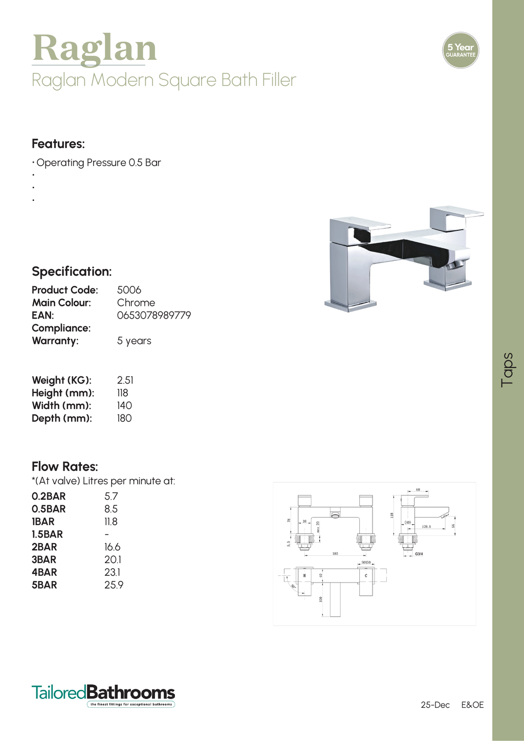 Tailored Raglan Modern Square Bath Filler Tap - Chrome - specification sheet with technical drawing and dimensions