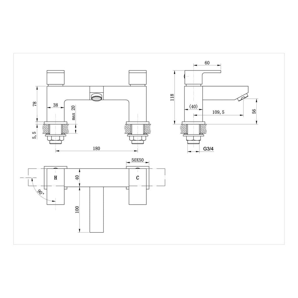 High-quality technical drawing of a modern bathroom faucet with detailed dimensions, ideal for plumbing installation, showcasing sleek design and engineering precision by Bubly Bathrooms.