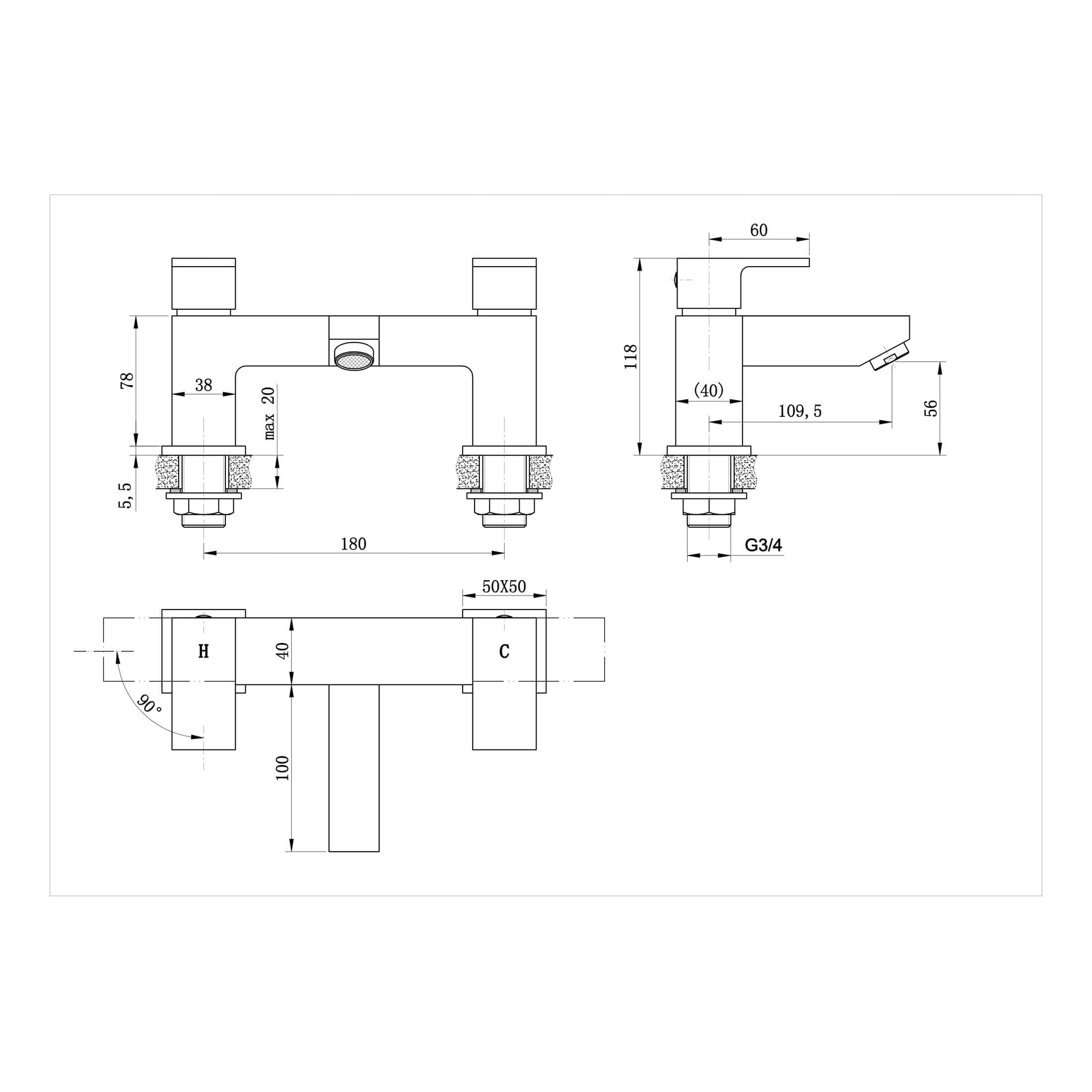 High-quality technical drawing of a modern bathroom faucet with detailed dimensions, ideal for plumbing installation, showcasing sleek design and engineering precision by Bubly Bathrooms.