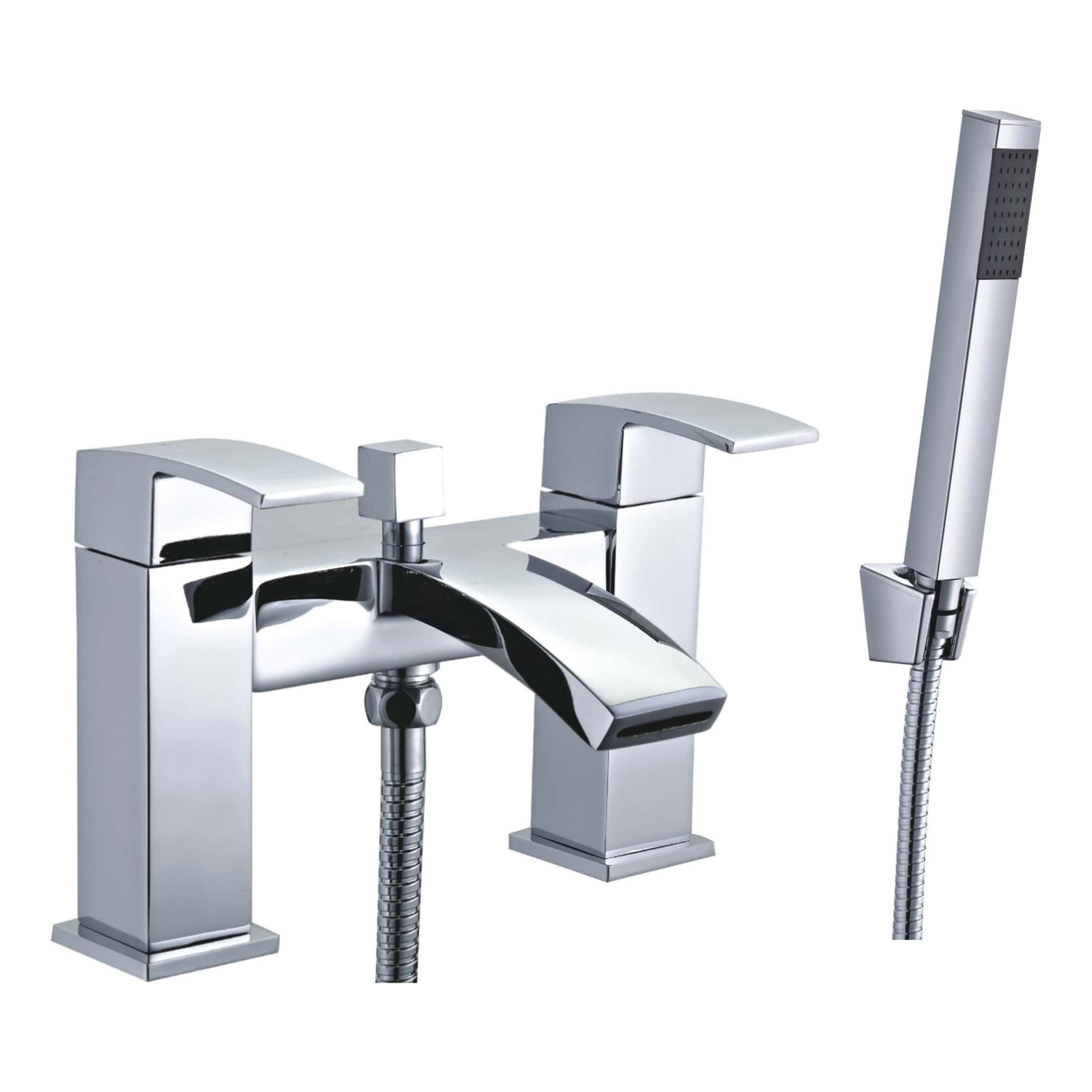 Chrome bathroom tap with matching hand shower set, modern sleek design, suitable for contemporary bathroom decor, high-quality chrome finish, durable and stylish fixtures for luxury bathrooms.