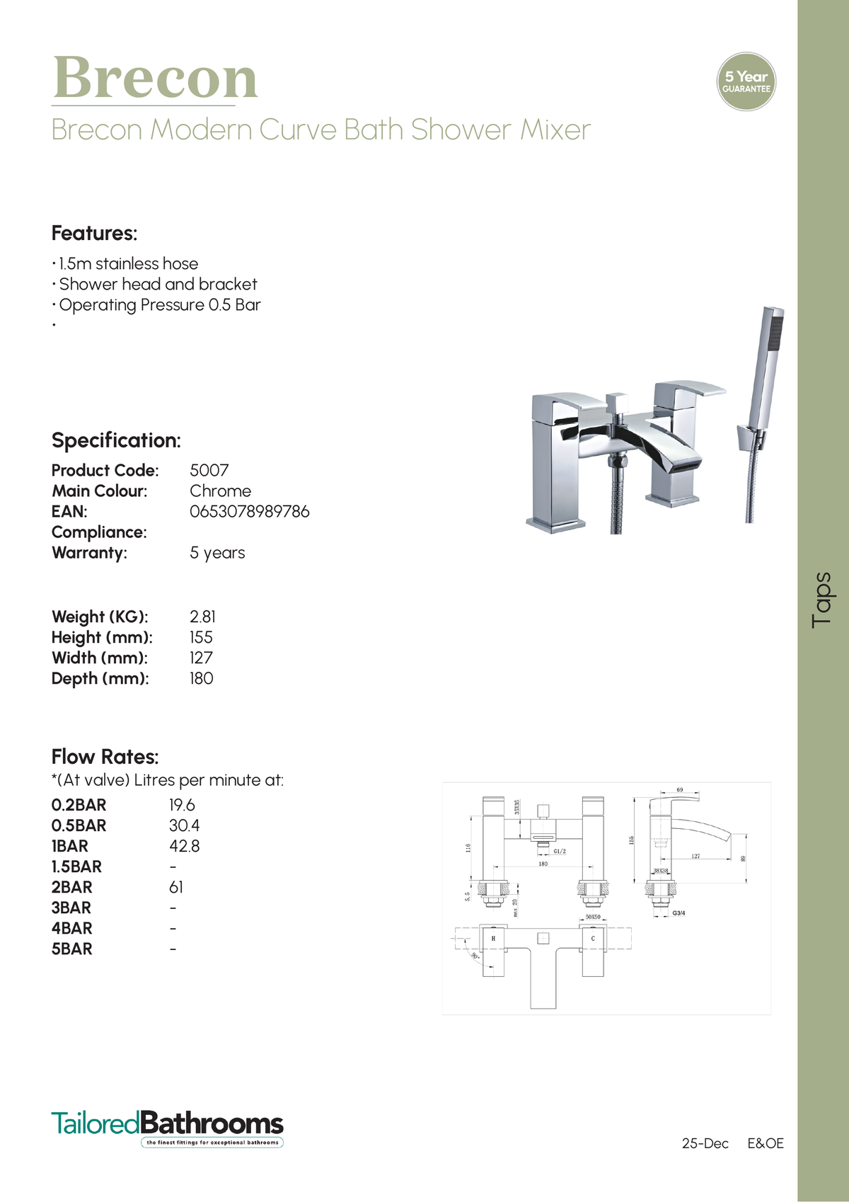 Tailored Brecon Modern Curved Bath Shower Mixer Tap - specification sheet with technical drawing and dimensions