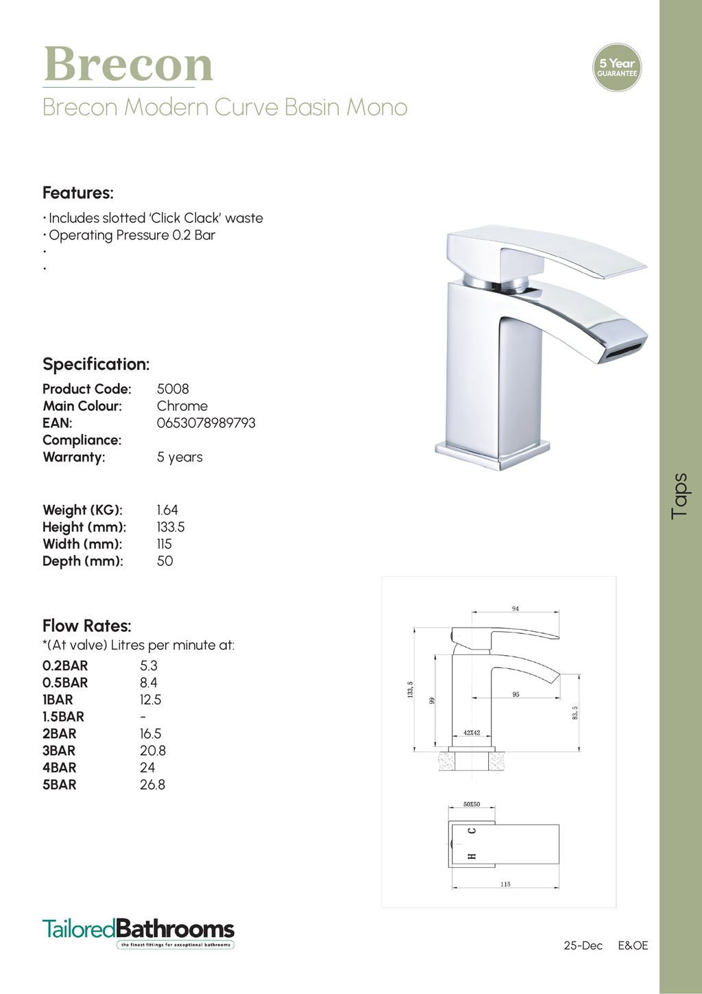 Tailored Brecon Modern Curved Mono Basin Mixer Tap - specification sheet with technical drawing and dimensions