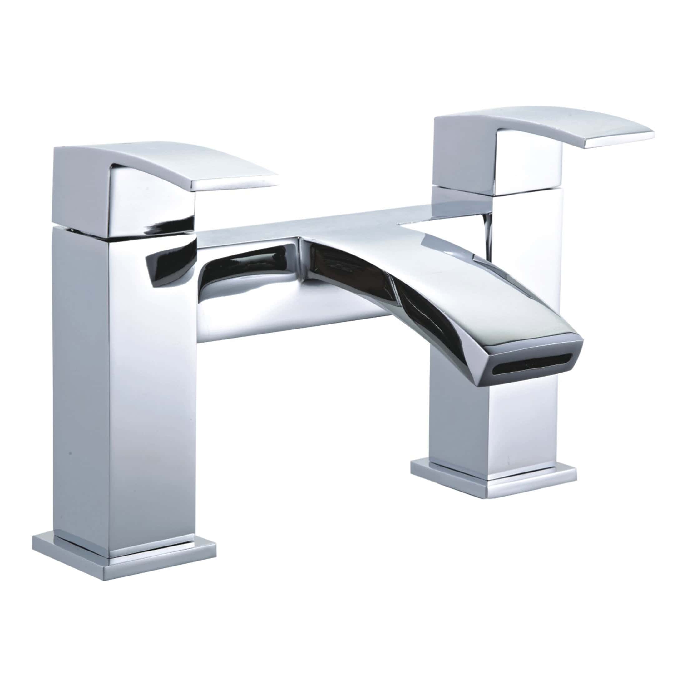 Sleek modern chrome bathroom sink tap with dual handles, designed for contemporary bathroom faucets and fixtures. Perfect for stylish bathroom renovations and high-end bath fittings.