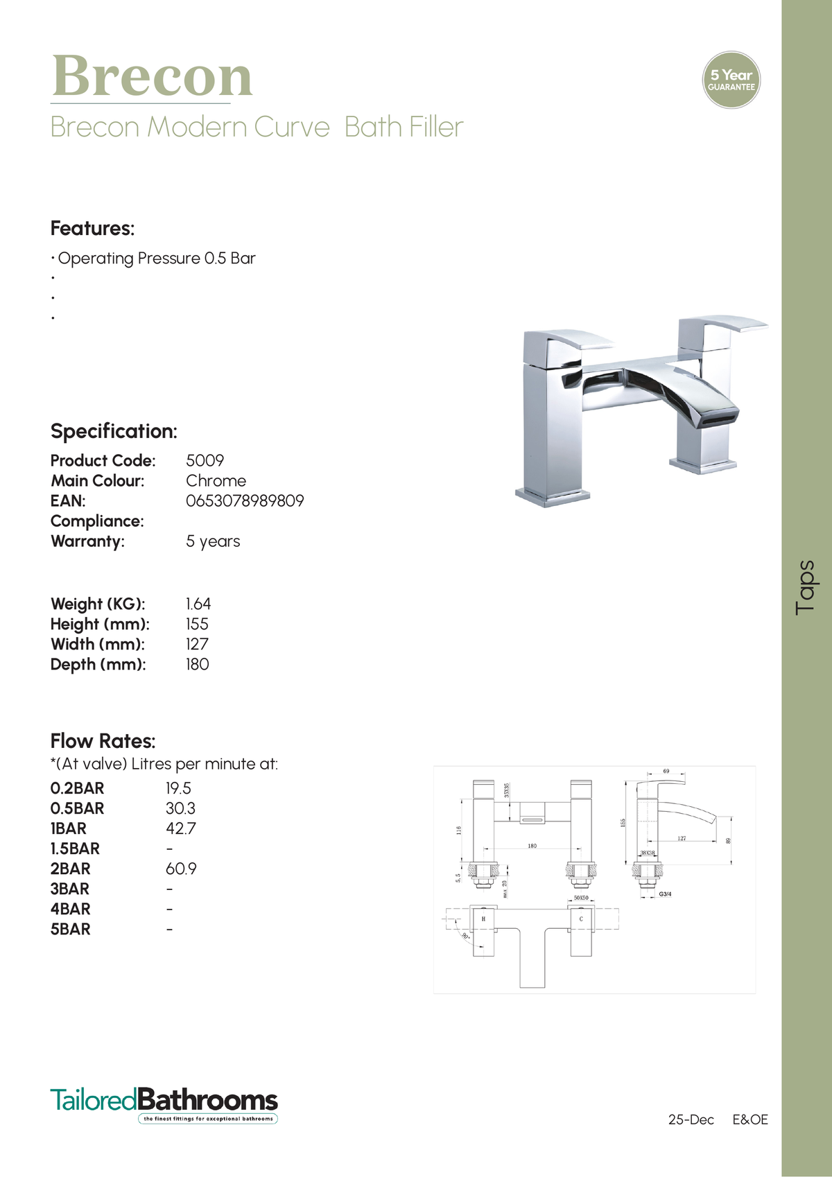 Tailored Brecon Modern Curved Bath Filler Tap - specification sheet with technical drawing and dimensions