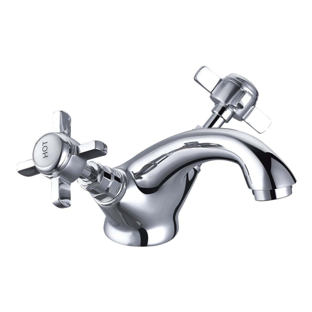 Shiny chrome dual-handle bathroom faucet with hot and cold water controls, ideal for modern sinks and vanity units. Perfect for upgrading bathroom fixtures and enhancing water flow.
